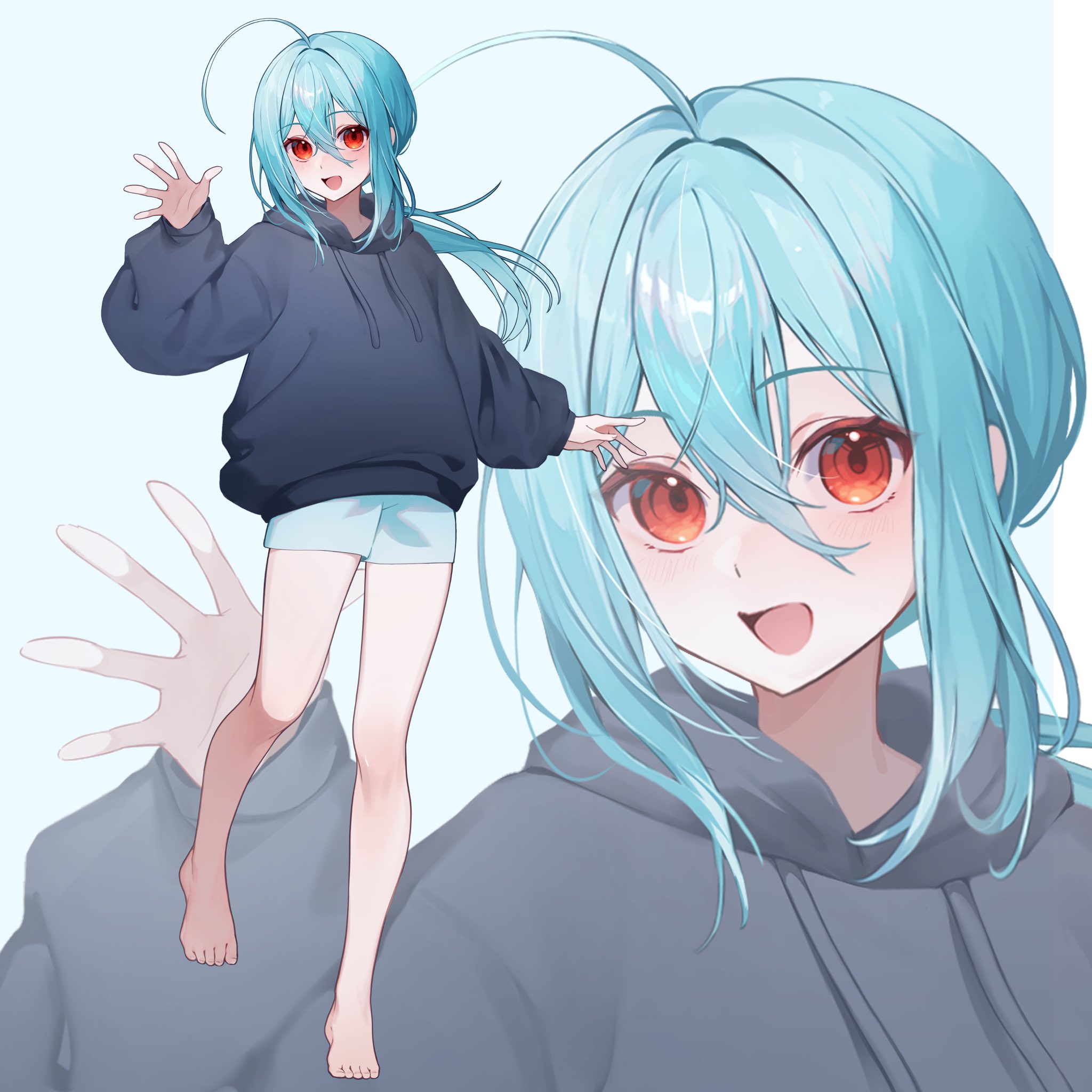 murumuru (pixiv51689952), original, commentary request, highres, 1girl, :d, ahoge, bare legs, barefoot, black sweater, blue hair, blush, double-parted bangs, drawstring, floating hair, full body, hair between eyes, hair intakes, hand up, hood, hood down, hooded sweater, leg up, long hair, long sleeves, looking at viewer, open mouth, puffy long sleeves, puffy sleeves, raised eyebrows, red eyes, short shorts, shorts, sidelocks, smile, spread fingers, standing, standing on one leg, sweater, turning head, waving, white background, white shorts, zoom layer
