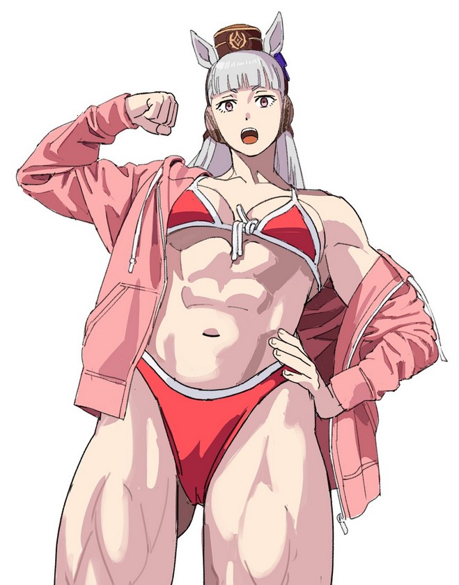 shiren (ourboy83), gold ship (umamusume), umamusume, commentary, english commentary, 1girl, abs, animal ears, bikini, blunt bangs, brown hat, clenched hand, cowboy shot, flexing, front-tie bikini top, front-tie top, hand on own hip, hat, horse ears, horse girl, jacket, long hair, long sleeves, looking at viewer, muscular, muscular female, navel, open clothes, open jacket, open mouth, purple eyes, red bikini, simple background, single off shoulder, solo, swimsuit, teeth, upper teeth only, white background, white hair, white trim