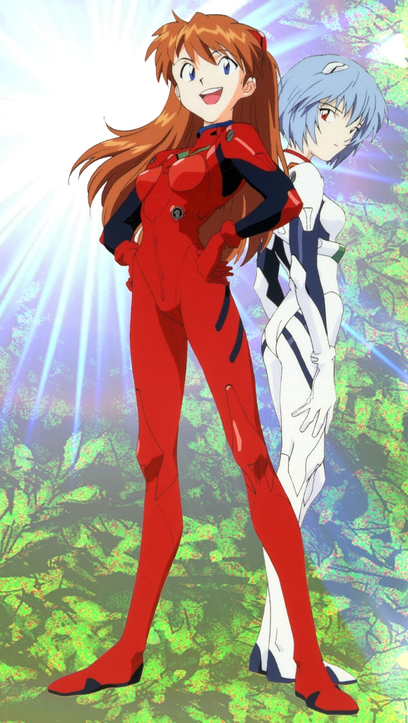 ayanami rei, souryuu asuka langley, neon genesis evangelion, 2girls, :d, ass, backlighting, blue eyes, blue hair, bodysuit, bracer, brown hair, expressionless, from side, gloves, hair ornament, hands on own hips, interface headset (evangelion), legs apart, long hair, long legs, looking at viewer, looking back, mecha pilot suit, multiple girls, open mouth, pale skin, plugsuit (evangelion), red eyes, red hair, short hair, skinny, smile, standing, turtleneck