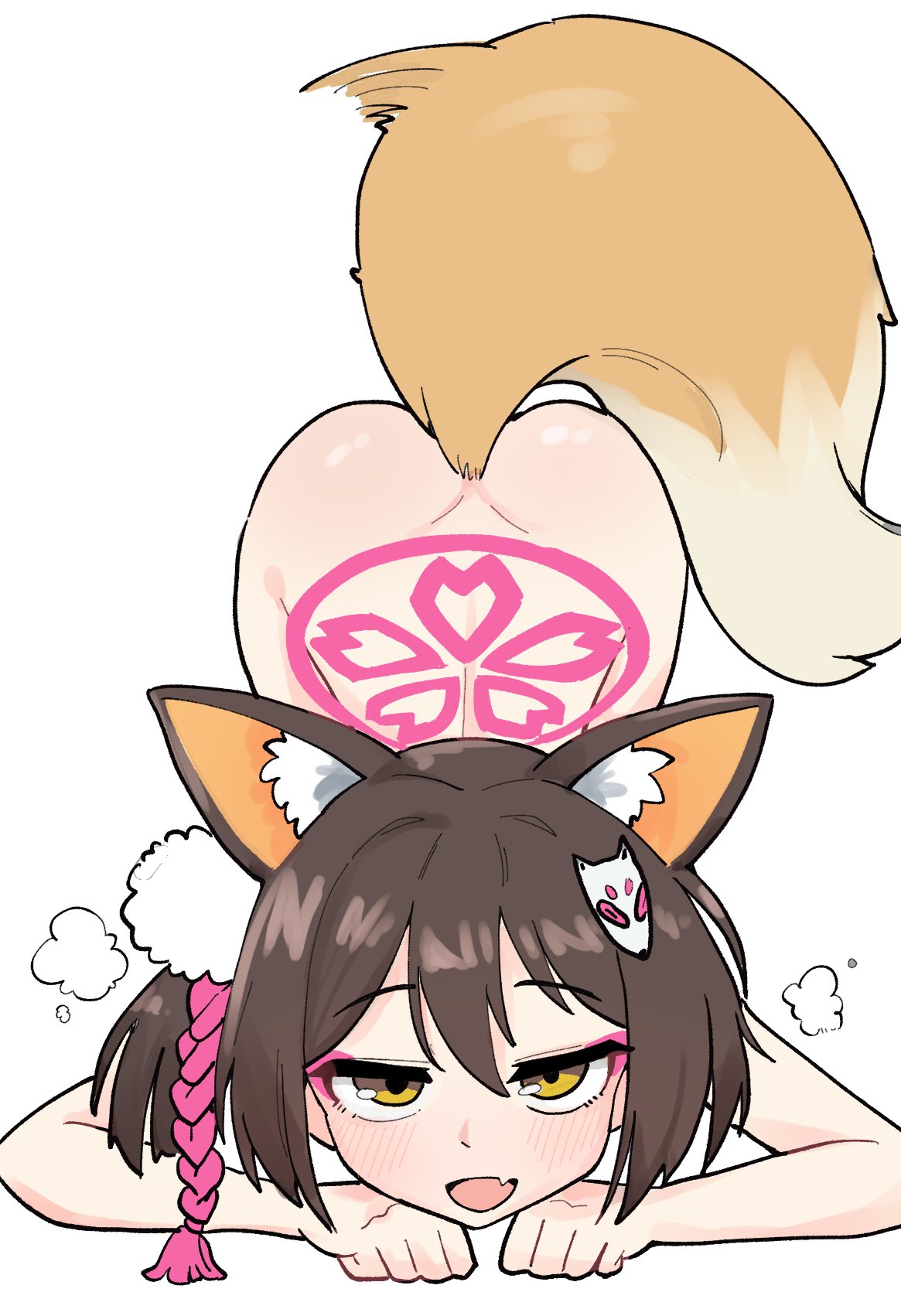 mago cats, izuna (blue archive), blue archive, highres, 1girl, animal ears, ass, bare arms, bare back, brown hair, fox ears, fox girl, fox tail, hair between eyes, halo, medium hair, pink halo, simple background, solo, tail, white background, yellow eyes