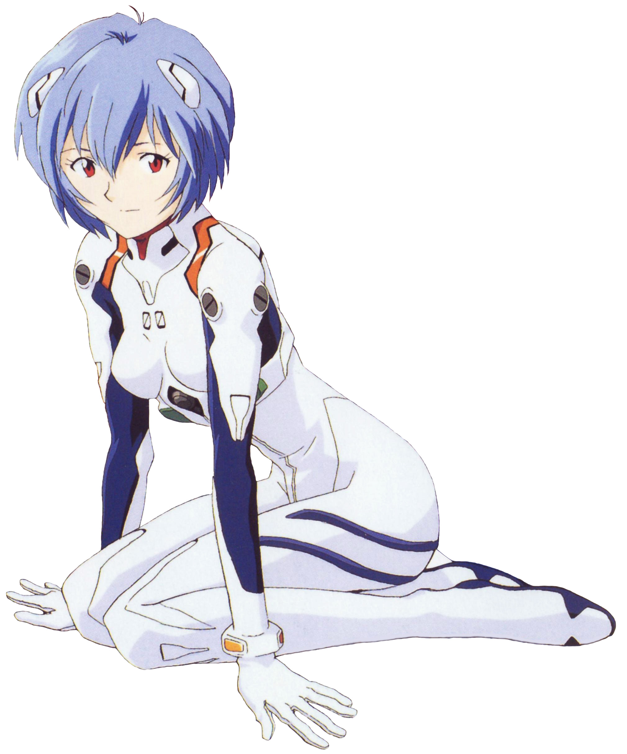 ayanami rei, neon genesis evangelion, absurdres, highres, official art, scan, 1girl, arm support, blue hair, bodysuit, bracer, breasts, female focus, from side, full body, gloves, hair between eyes, hair ornament, interface headset (evangelion), leaning forward, light smile, looking at viewer, mecha pilot suit, pale skin, plugsuit (evangelion), red eyes, short hair, simple background, sitting, skinny, small breasts, smile, solo, turtleneck, wariza, white background