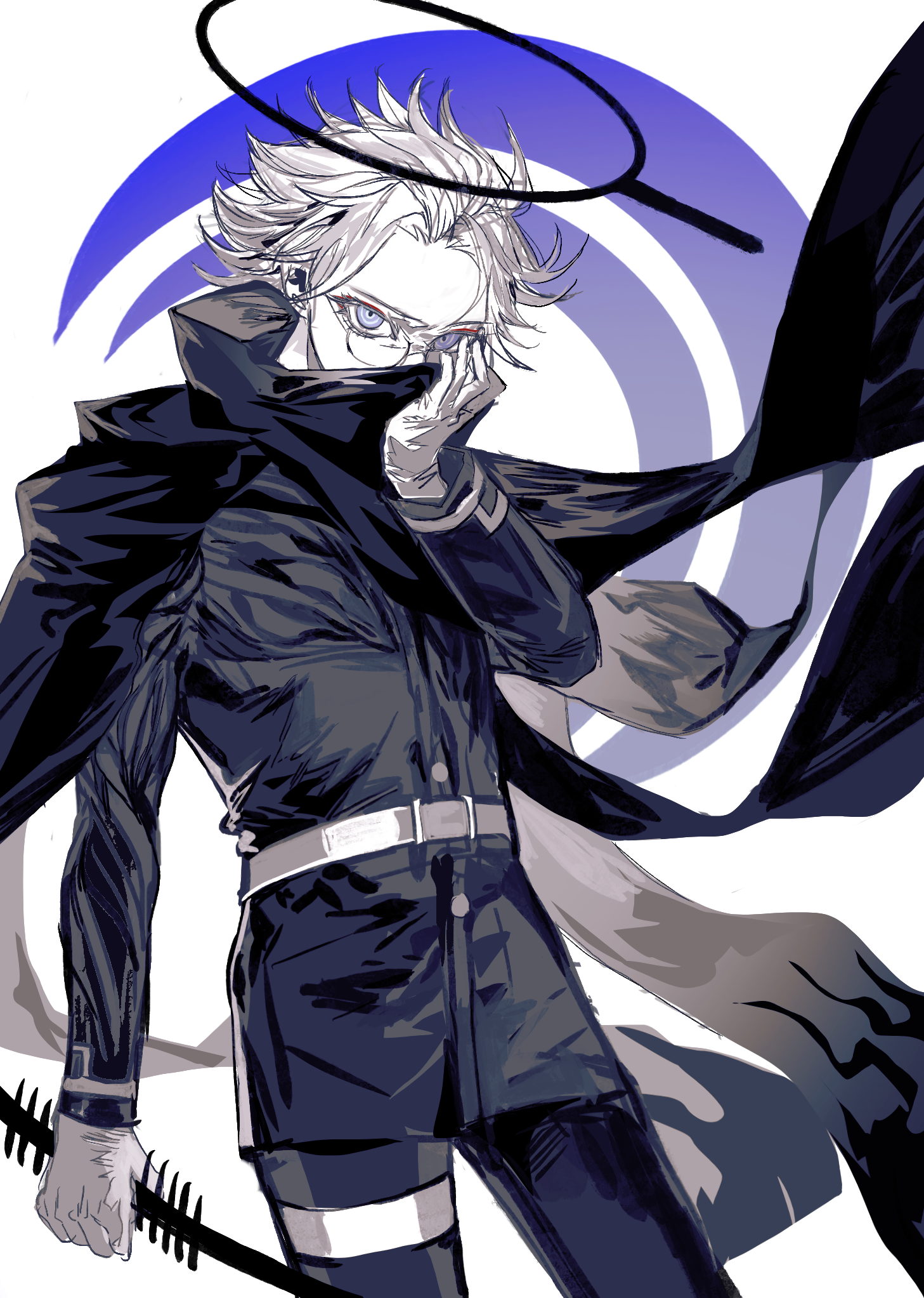 aotsuki eito, the hundred line -last defense academy-, chinese commentary, highres, spoilers, 1boy, black cloak, black halo, black jacket, black pants, cloak, covering face, cowboy shot, eyeliner, gakuran, glasses, gloves, grey hair, halo, holding, holding weapon, jacket, last defense academy school uniform, looking at viewer, makeup, maladajiangchaokaisailu, male focus, official alternate hairstyle, pants, purple eyes, red eyeliner, ringed eyes, school uniform, short hair, solo, weapon, white gloves