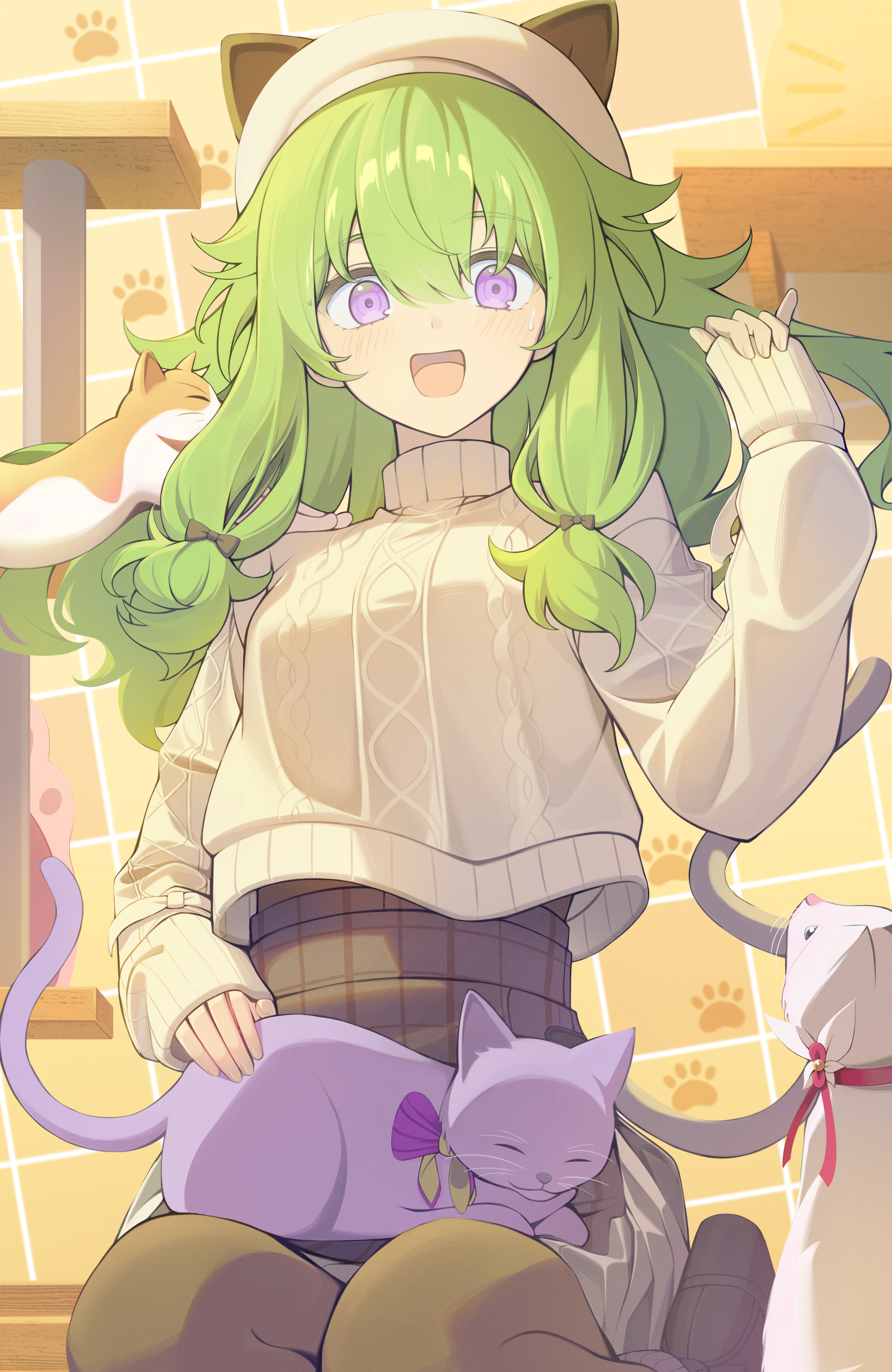 sora (men0105), kusanagi nene, project sekai, absurdres, commentary, highres, 1girl, :d, animal, animal ear headwear, animal ears, animal on lap, aran sweater, black shoes, blush, breasts, brown pantyhose, cable knit, cat, cat ears, cat on lap, cat tail, cropped sweater, fake animal ears, green hair, hair between eyes, hair flaps, hand up, hat, high-waist skirt, indoors, kneeling, long hair, long sidelocks, long sleeves, looking at viewer, low-tied sidelocks, medium breasts, official alternate costume, on lap, open mouth, pantyhose, paw print, petting, plaid clothes, plaid skirt, purple cat, purple eyes, ribbed sweater, shoes, sidelocks, skirt, sleeves past wrists, smile, solo, sweater, tail, turtleneck, turtleneck sweater, white cat, yellow sweater, you are my hero!! (project sekai)