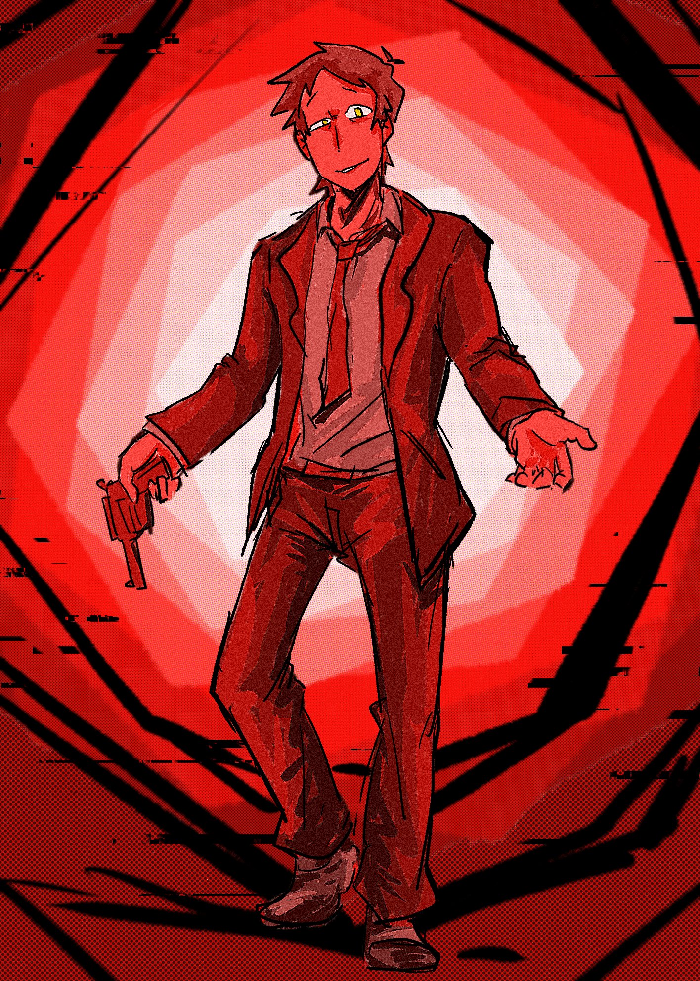 adachi tooru, persona, persona 4, hashtag-only commentary, highres, 1boy, brown hair, collared shirt, formal clothes, full body, gun, handgun, holding, holding gun, holding weapon, jacket, looking at viewer, male focus, necktie, pants, red necktie, red theme, resaki ol, revolver, shirt, short hair, smile, solo, standing, suit, suit jacket, weapon, white shirt, yellow eyes