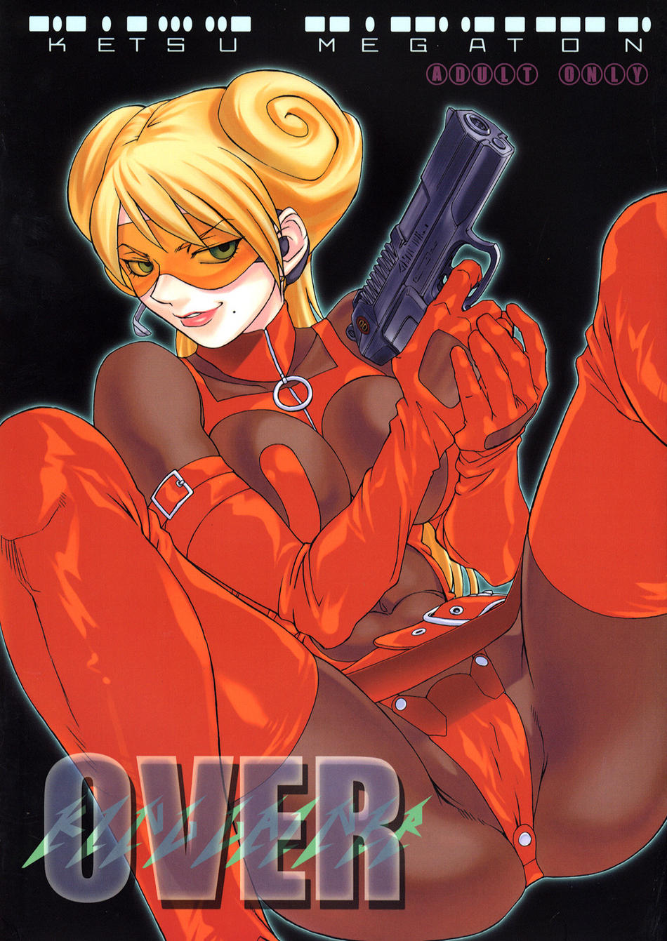 pierre norano, toluene ittokan, adette kistler, overman king gainer, visor, highres, 00s, blonde hair, bodysuit, breasts, elbow gloves, evil grin, evil smile, gloves, goggles, green eyes, grin, gun, handgun, large breasts, mole, pistol, smile, solo, weapon