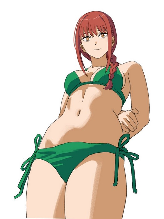 shiren (ourboy83), makima (chainsaw man), chainsaw man, commentary, english commentary, 1girl, arms behind back, bikini, braid, braided ponytail, breasts, closed mouth, cowboy shot, green bikini, long hair, looking at viewer, medium breasts, navel, orange eyes, red hair, ringed eyes, side-tie bikini bottom, simple background, solo, stomach, swimsuit, white background