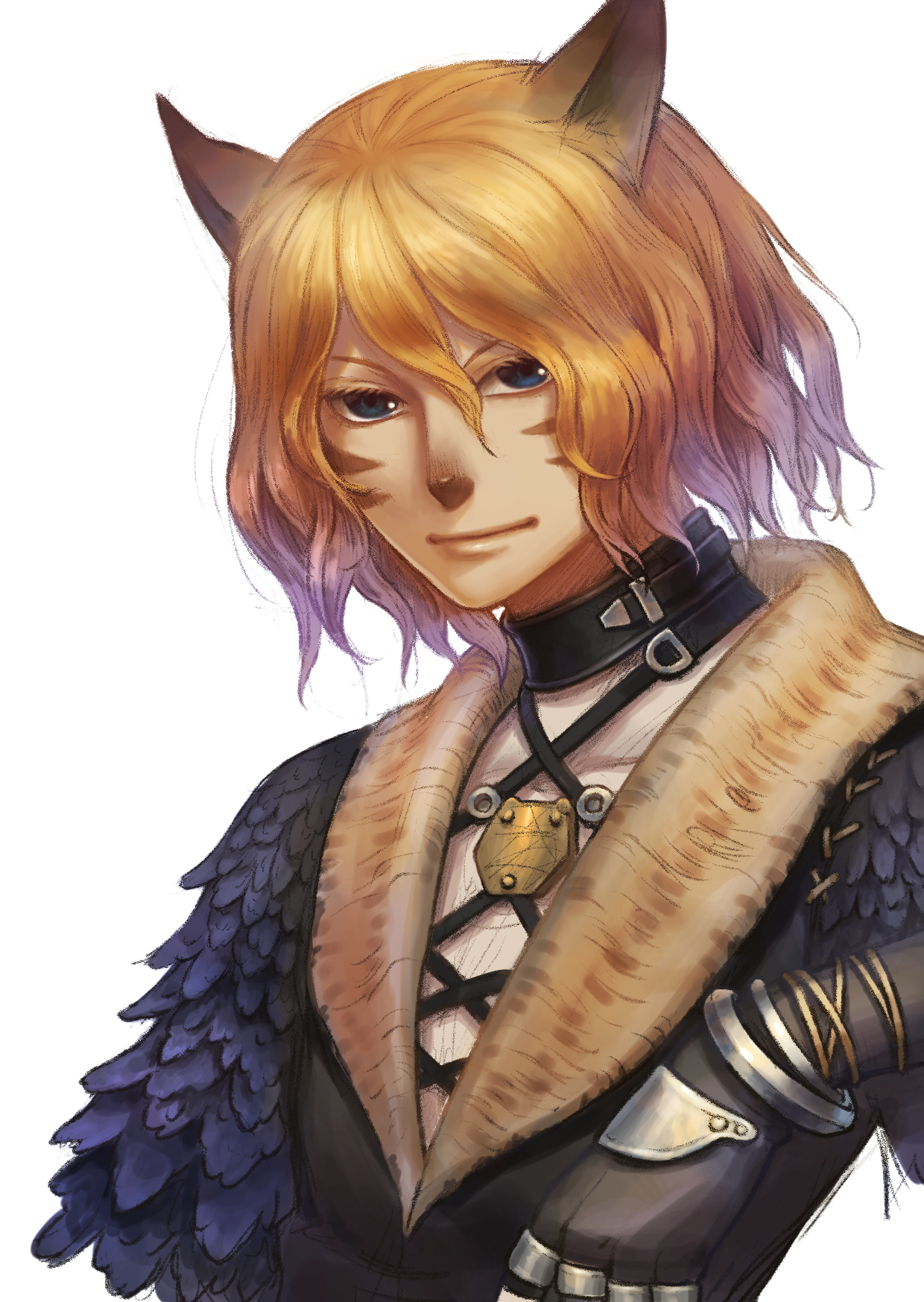 lehko habhoka, mithra (ff11), final fantasy, final fantasy xi, highres, 1boy, 7029, animal ears, black gloves, blonde hair, cat boy, cat ears, facial mark, gloves, hair between eyes, looking at viewer, male focus, short hair, simple background, smile, solo, upper body, whisker markings, white background