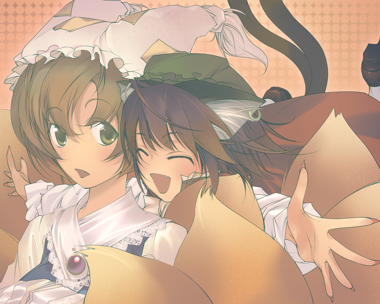 aikura chihiro, chen, yakumo ran, touhou, 2girls, animal ears, animal hat, blonde hair, brown hair, cat ears, cat girl, cat tail, china dress, chinese clothes, dress, earrings, fang, female focus, fingernails, fox ears, fox tail, hands in opposite sleeves, hat, jewelry, long fingernails, long sleeves, mob cap, multiple girls, multiple tails, nail (hardware), short hair, tail, tassel, yellow eyes