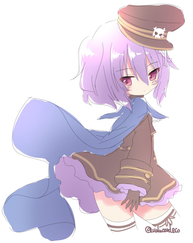 skeleton shooter alma, emil chronicle online, 1girl, black dress, black hat, blue cloak, cloak, dress, from behind, hair ornament, hairclip, hat, looking back, purple eyes, purple hair, side ponytail, solo, thighhighs, twitter username, valucard eco, white thighhighs