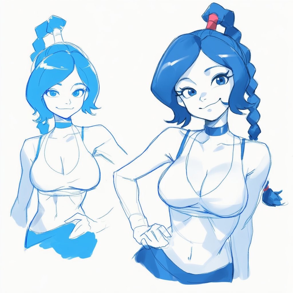 lapis slopzuli, ty lee, avatar: the last airbender, avatar legends, commentary, english commentary, 1girl, braid, braided ponytail, breasts, choker, cleavage, cropped torso, hand on own hip, high braided ponytail, large breasts, long hair, looking at viewer, midriff, monochrome, multiple views, navel, simple background, single braid, sketch, smile, sports bra, topknot, white background