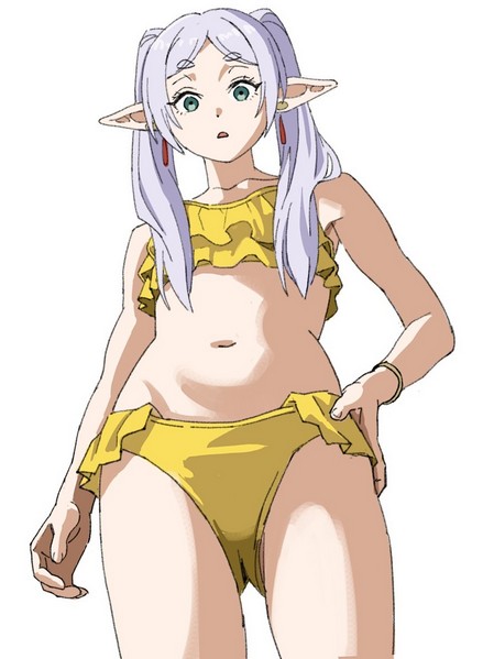 shiren (ourboy83), frieren, sousou no frieren, commentary, english commentary, 1girl, :o, arm at side, bikini, collarbone, cowboy shot, earrings, elf, green eyes, hand on own hip, jewelry, looking at viewer, navel, open mouth, parted bangs, pointy ears, simple background, solo, swimsuit, twintails, white background, white hair, yellow bikini