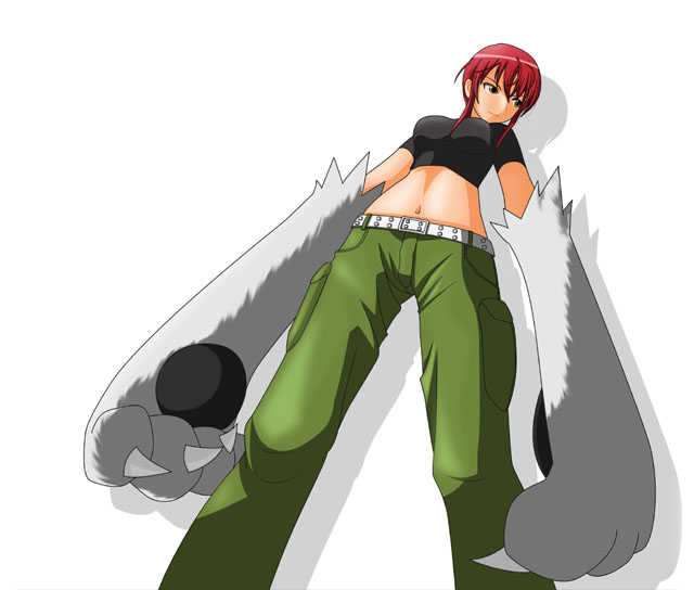 tawamure bito, riza wildman, kaibutsu oujo, 00s, animal hands, babydoll t-shirt, belt, cargo pants, crop top, from below, midriff, pants, red hair, short hair, simple background, solo, white background