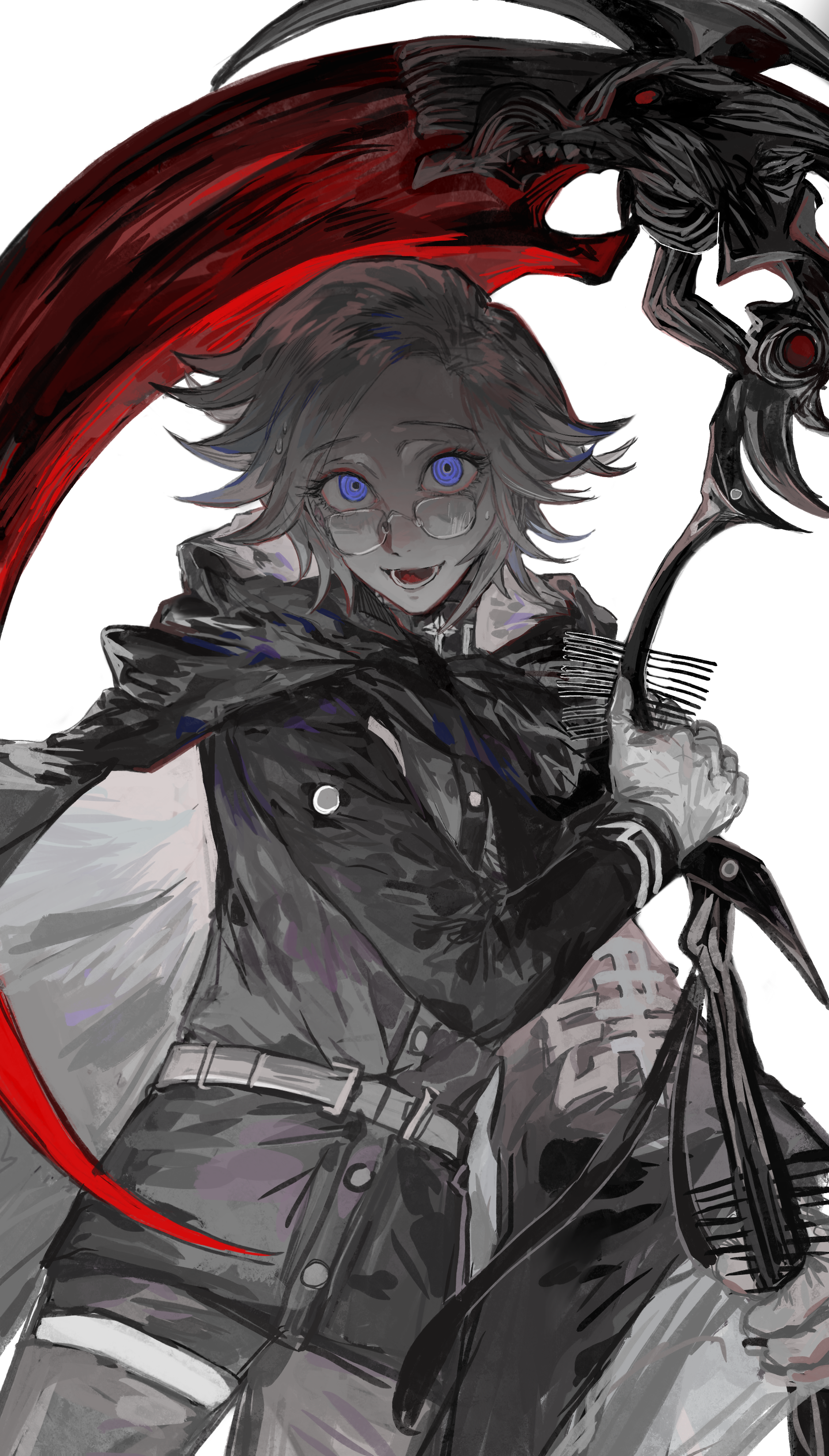 aotsuki eito, the hundred line -last defense academy-, absurdres, chinese commentary, highres, 1boy, black cloak, black jacket, black pants, cloak, cowboy shot, evil grin, evil smile, eyeshadow, gakuran, glasses, gloves, grey hair, grin, holding, holding scythe, holding weapon, jacket, last defense academy school uniform, looking at viewer, looking over eyewear, lower teeth only, makeup, maladajiangchaokaisailu, male focus, pants, purple eyes, red eyeshadow, ringed eyes, school uniform, scythe, short hair, simple background, smile, solo, spikes, teeth, weapon, white background, white gloves