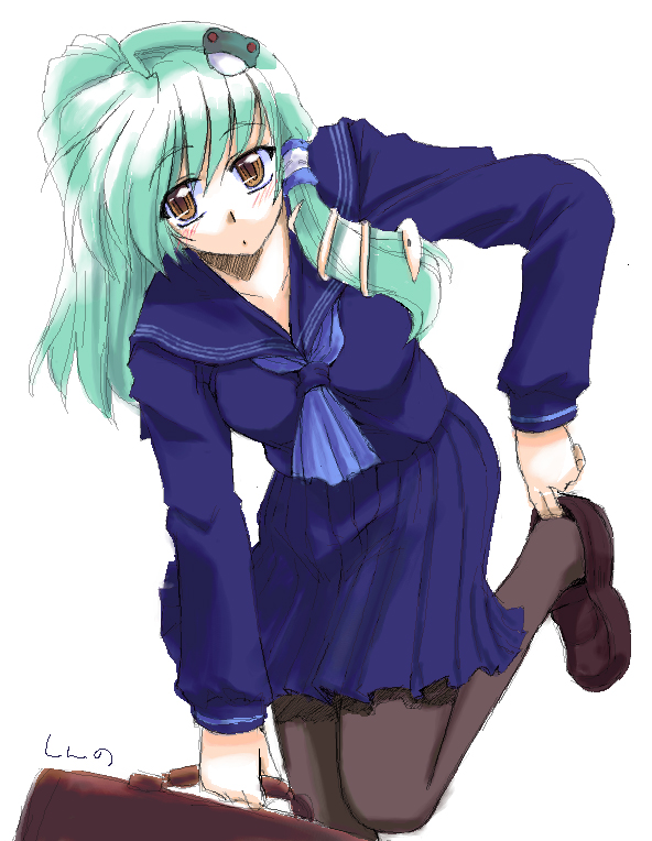 takana shinno, kochiya sanae, touhou, 1girl, alternate costume, breasts, female focus, pantyhose, school uniform, serafuku, skirt, solo, white background
