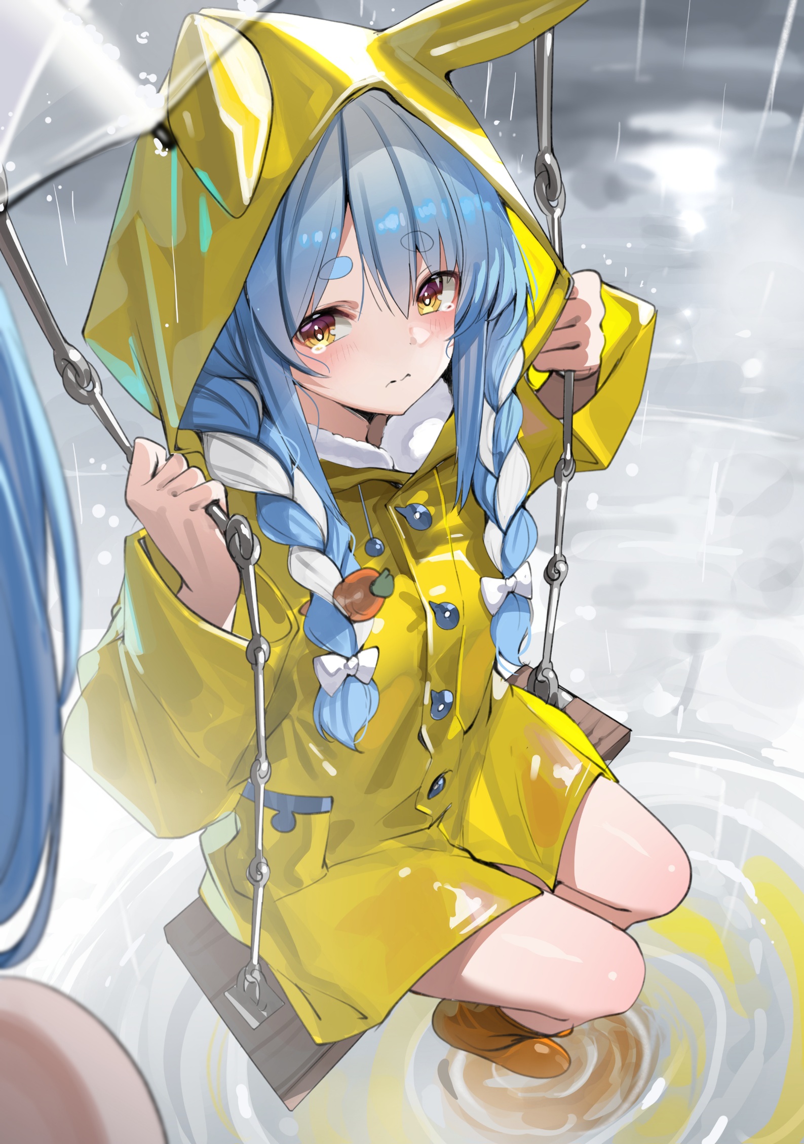 pekomama, usada pekora, hololive, highres, 2girls, animal hood, blue hair, boots, bow, braid, carrot hair ornament, closed mouth, cocorinokokoro, double-parted bangs, food-themed hair ornament, hair between eyes, hair bow, hair ornament, hair over shoulder, hikimayu, hood, hood up, long hair, looking at another, mother and daughter, multicolored hair, multiple girls, on swing, orange eyes, outdoors, rabbit-shaped pupils, rabbit girl, rabbit hood, rain, raincoat, rubber boots, short eyebrows, sitting, solo focus, swing, symbol-shaped pupils, tearing up, thick eyebrows, twin braids, two-tone hair, virtual youtuber, white hair, yellow raincoat