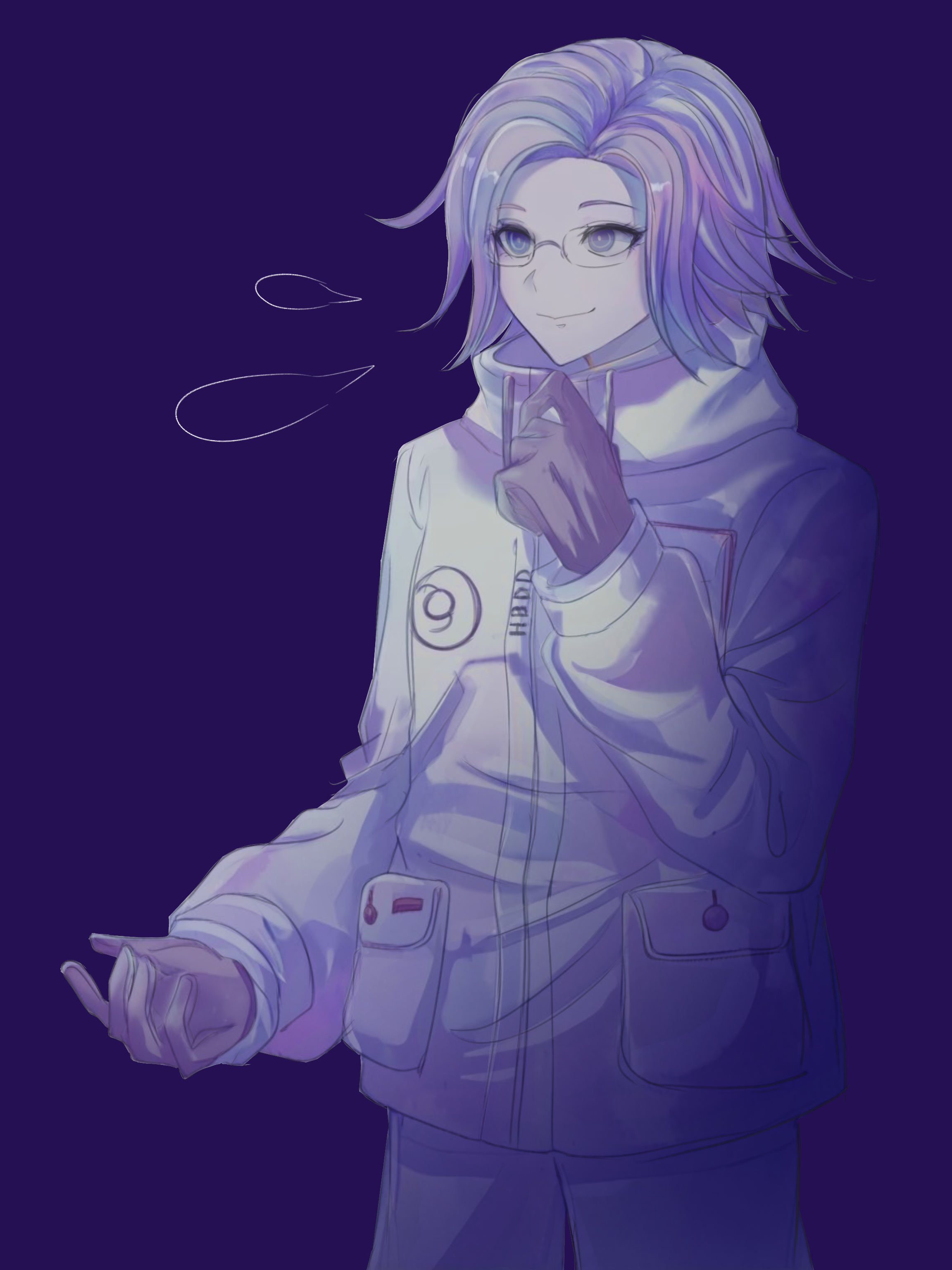 aotsuki eito, the hundred line -last defense academy-, absurdres, commentary, highres, symbol-only commentary, 1boy, black gloves, blank speech bubble, bright pupils, cowboy shot, glasses, gloves, grey eyes, grey hair, hand up, jacket, looking ahead, male focus, pants, pocket, purple background, short hair, shuyuyidepingheng, smile, solo, speech bubble, white jacket, white pants, white pupils