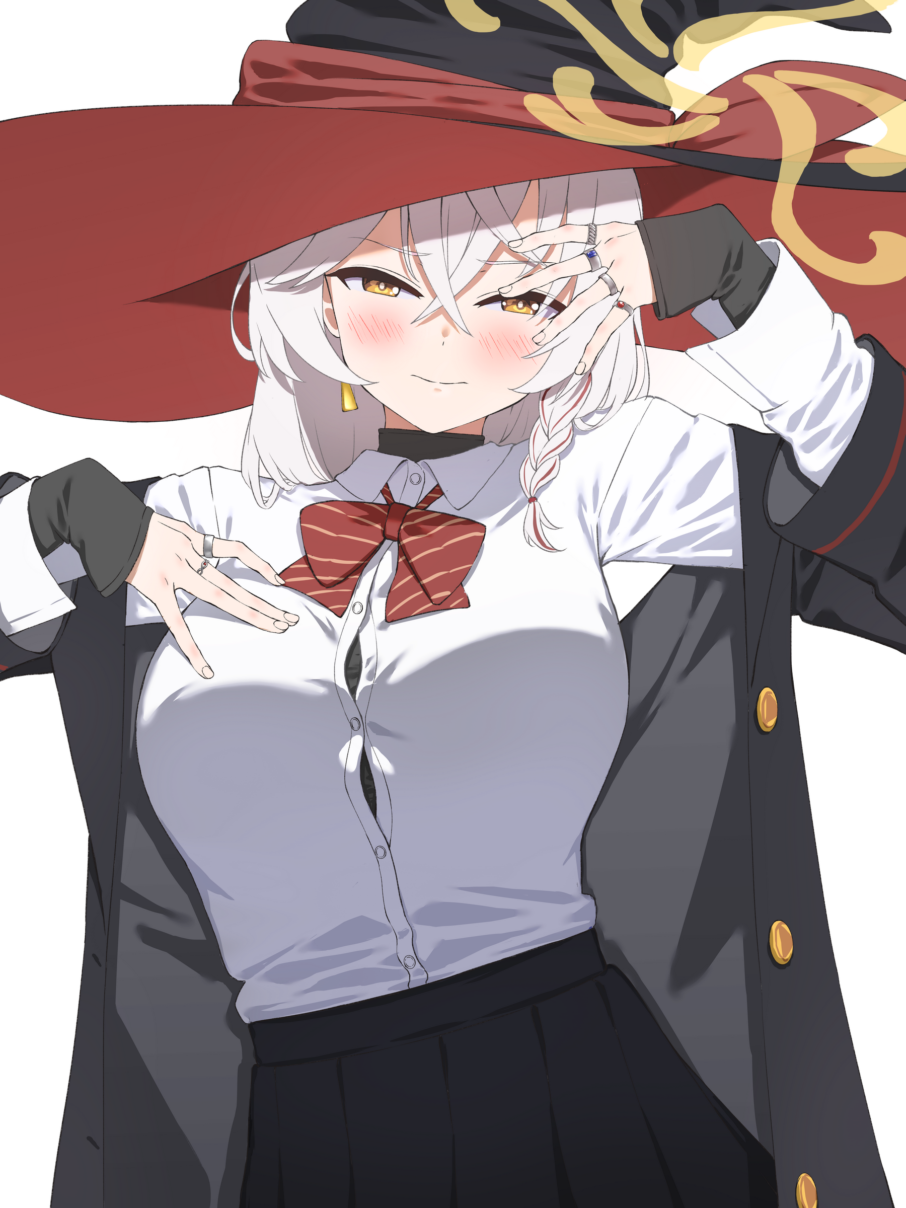 loeldrive, eri (blue archive), blue archive, absurdres, highres, 1girl, black hat, black jacket, black skirt, blush, bow, bowtie, braid, breasts, button gap, crossed bangs, diagonal-striped bow, diagonal-striped bowtie, diagonal-striped clothes, fingernails, grey hair, halo, hand on own chest, hat, jacket, jewelry, large breasts, long sleeves, looking at viewer, multicolored hair, multiple rings, pleated skirt, red bow, red bowtie, red hair, ring, shirt, shirt tucked in, simple background, single braid, skirt, solo, streaked hair, striped bow, striped bowtie, striped clothes, two-tone hair, undershirt, white background, white shirt, witch hat