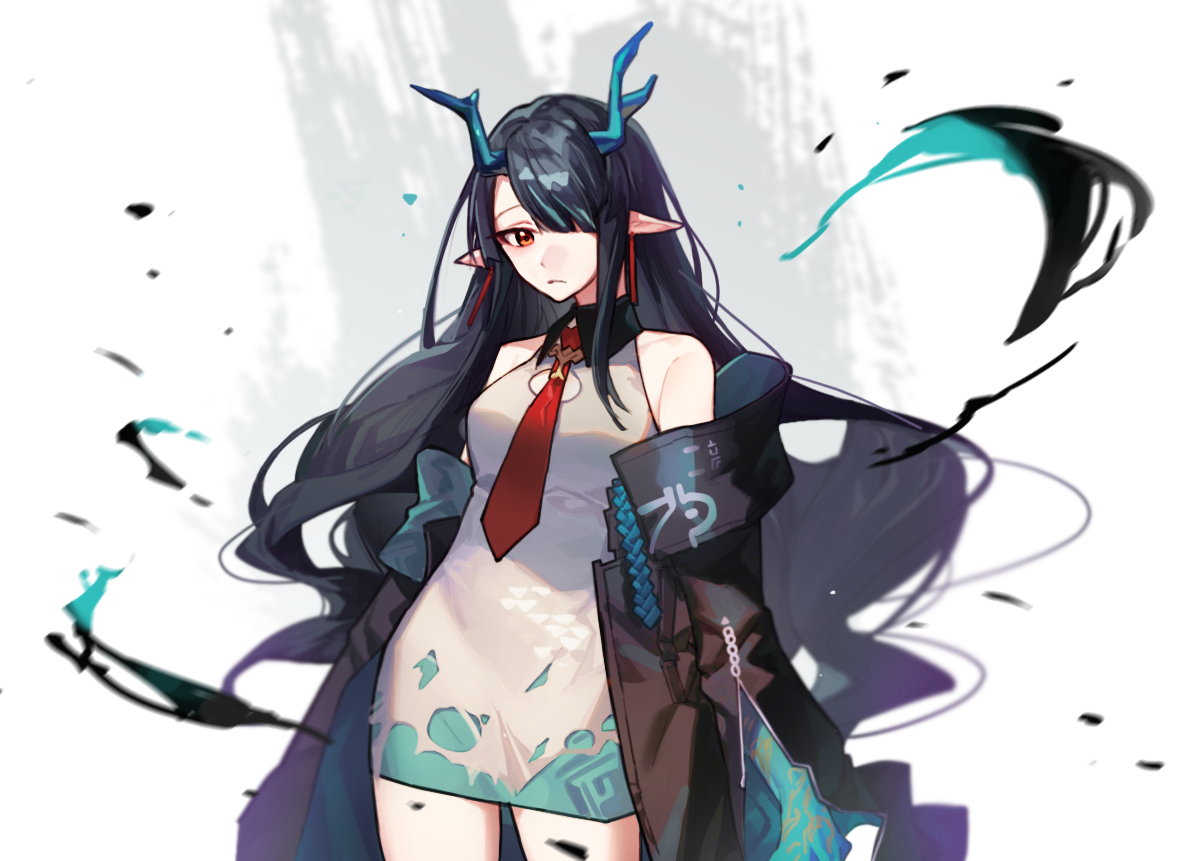 nabezuru, dusk (arknights), arknights, 1girl, aqua horns, black hair, black jacket, colored extremities, colored skin, dragon girl, dragon horns, dragon tail, dress, earrings, eastern dragon tail, gradient skin, green hands, green skin, horns, jacket, jacket partially removed, jewelry, long hair, looking at viewer, necktie, pointy ears, red eyes, red necktie, sleeveless, sleeveless dress, solo, standing, tail, tassel, tassel earrings, white dress