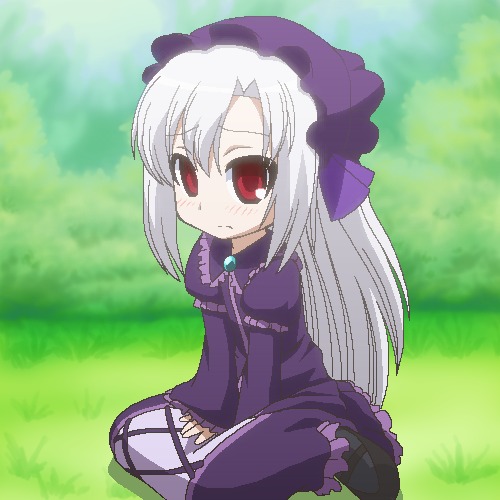 awa, midarezaki chika, kyouran kazoku nikki, lowres, 00s, albino, blush, child, gothic lolita, grass, hat, jaggy lines, lolita fashion, long hair, nature, oekaki, red eyes, white hair