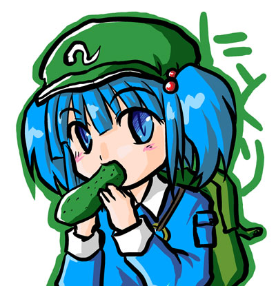 c-take (pixiv), c take0141, c~take, kawashiro nitori, touhou, lowres, 1girl, blue eyes, blue hair, cucumber, eating, female focus, hair bobbles, hair ornament, hat, matching hair/eyes, solo, twintails, two side up
