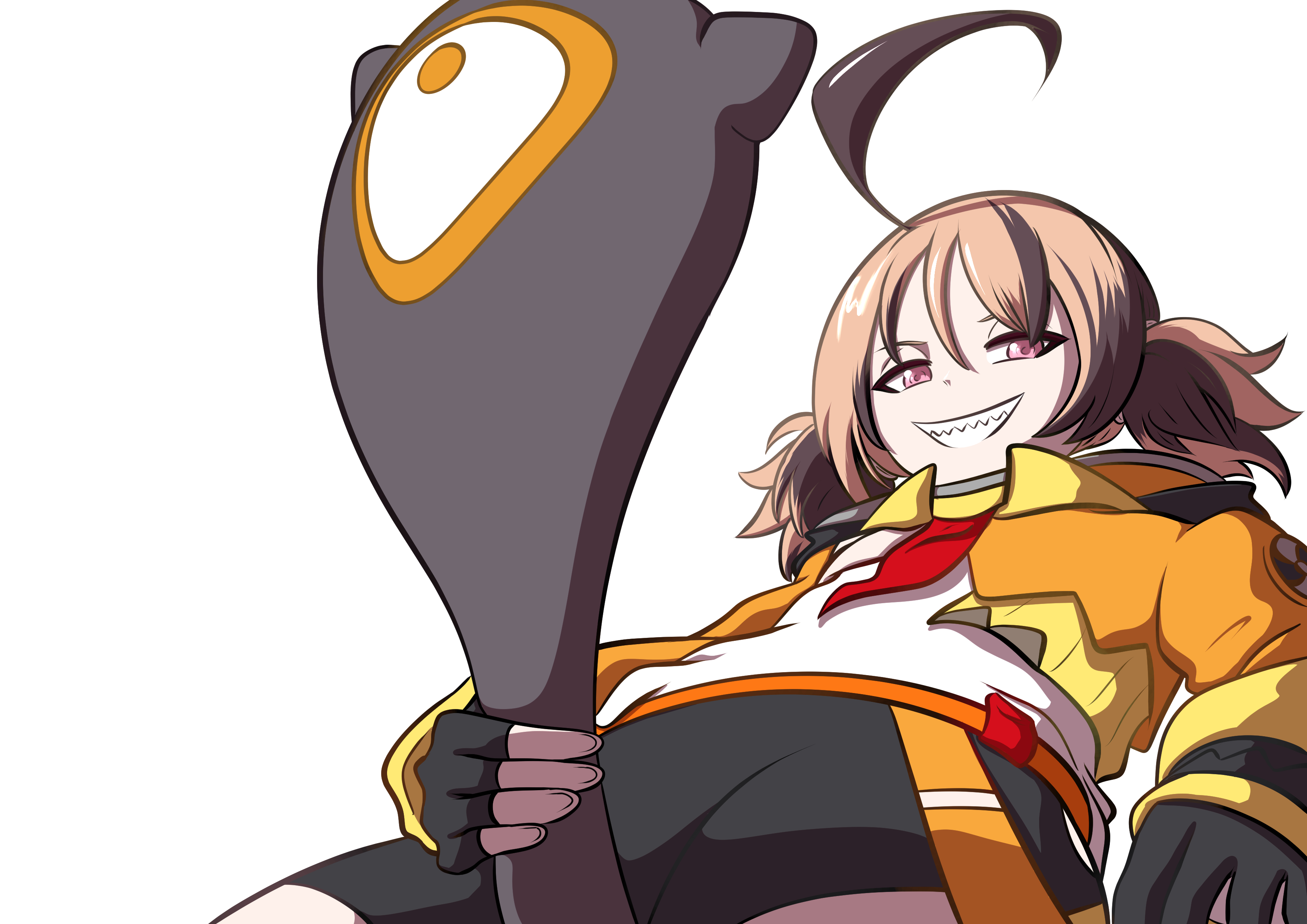 holykoshi, gigi murin, gigi murin (1st costume), hololive, hololive english, absurdres, commentary, english commentary, highres, 1girl, ahoge, between legs, black gloves, black shorts, brown hair, clenched teeth, fingerless gloves, from below, gloves, holding own tail, huge ahoge, long sleeves, looking at viewer, naughty face, orange shrug, phallic symbol, pink eyes, sharp teeth, shirt, short hair, shorts, shrug (clothing), simple background, solo, tail, teeth, twintails, virtual youtuber, white background, white shirt