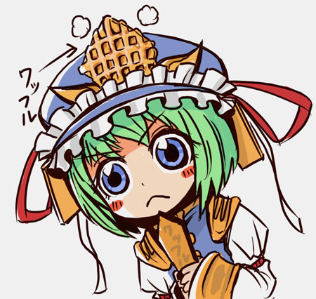 emu (artist), emu (toran), shiki eiki, touhou, lowres, translated, 1girl, :<, blue eyes, chibi, female focus, food, green hair, rod of remorse, short hair, solo, waffle