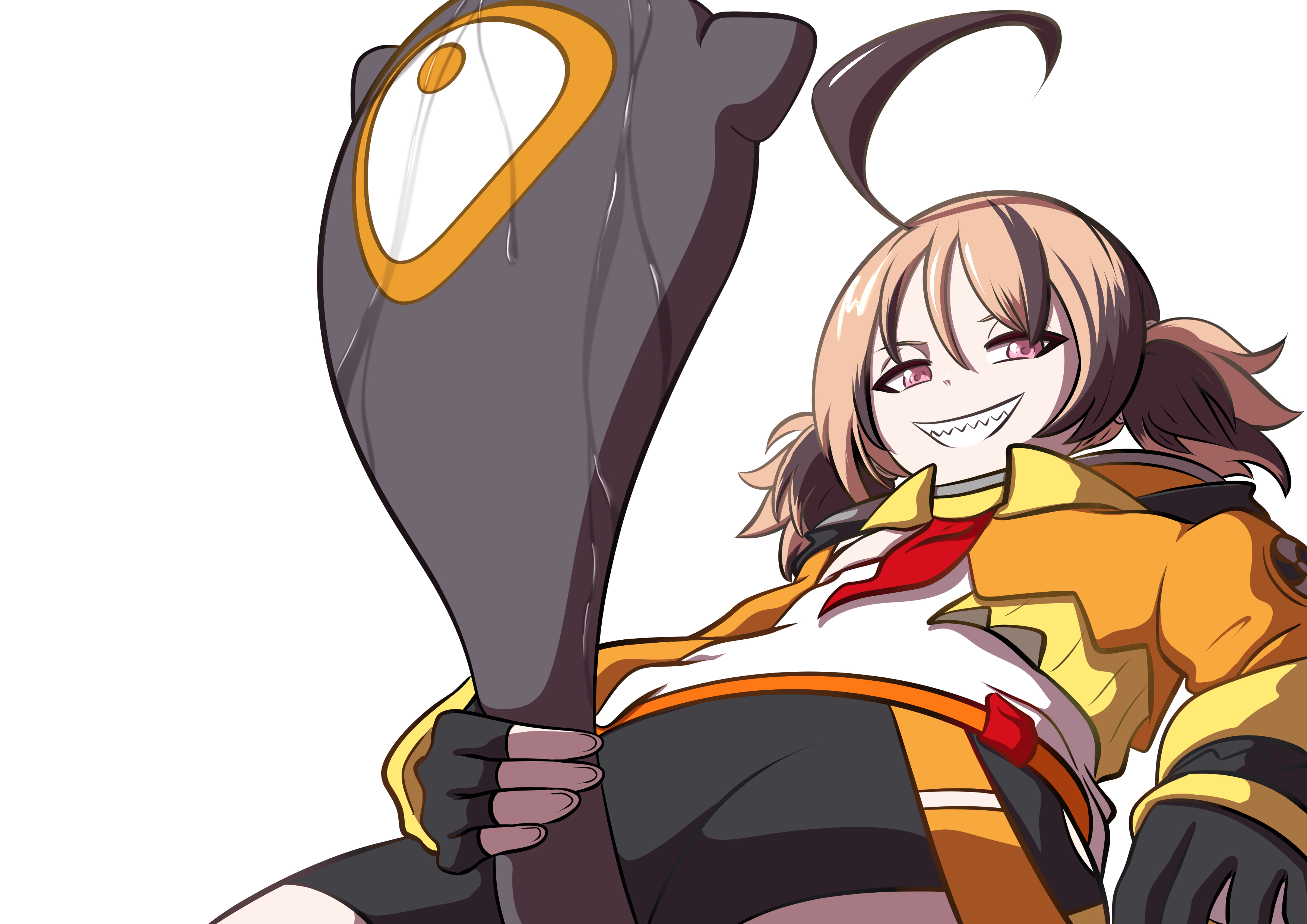 holykoshi, gigi murin, gigi murin (1st costume), hololive, hololive english, absurdres, commentary, english commentary, highres, 1girl, ahoge, between legs, black gloves, black shorts, brown hair, clenched teeth, fingerless gloves, from below, gloves, holding own tail, huge ahoge, long sleeves, looking at viewer, naughty face, orange shrug, phallic symbol, pink eyes, sharp teeth, shirt, short hair, shorts, shrug (clothing), simple background, solo, sweat, tail, teeth, twintails, virtual youtuber, white background, white shirt