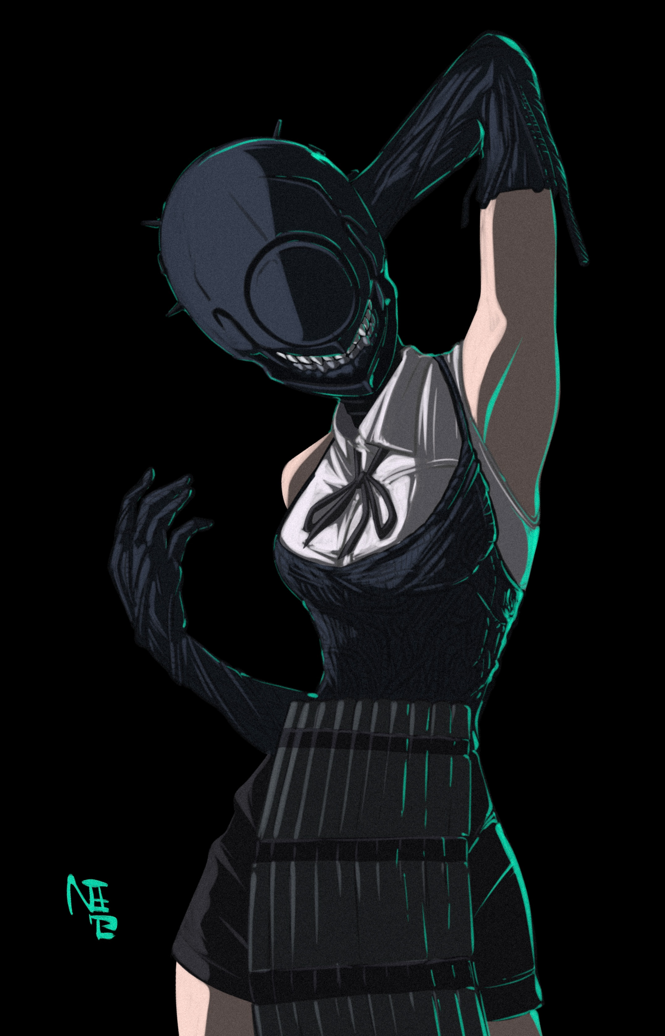 nanziwakamika23, bomb devil (chainsaw man), chainsaw man, absurdres, highres, 1girl, apron, arm up, black apron, black background, black gloves, black ribbon, black shorts, collared shirt, dynamite, elbow gloves, explosive, gloves, looking at viewer, ribbon, shirt, shorts, simple background, solo, teeth, white shirt