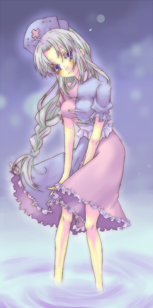 hidari (coletica), yagokoro eirin, touhou, bad id, bad pixiv id, long image, tall image, 1girl, blue eyes, braid, female focus, hat, head tilt, long hair, nurse cap, single braid, skirt, solo, wading, water, white hair