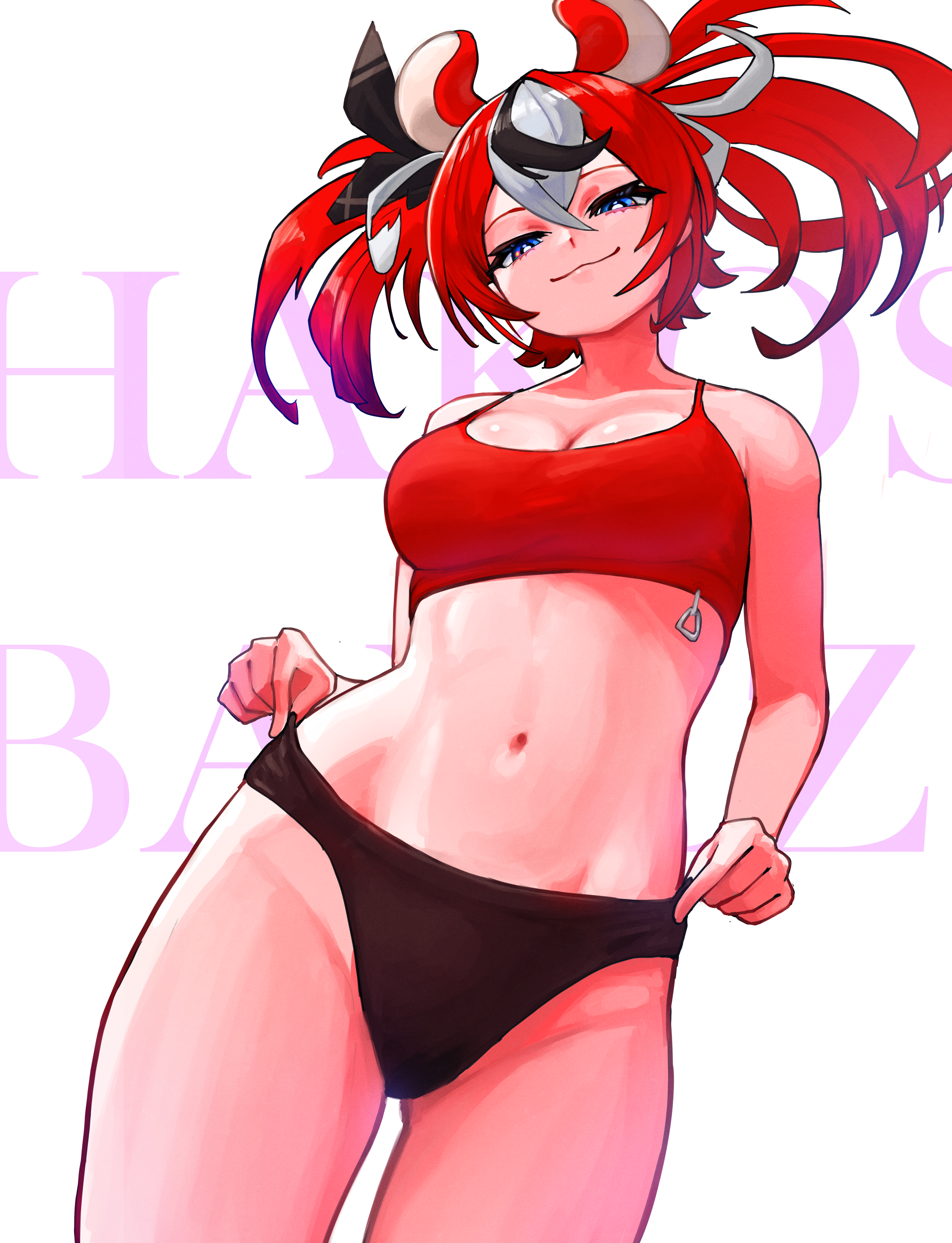yodokogon, hakos baelz, hololive, hololive english, absurdres, highres, 1girl, animal ears, black panties, black streaks, blue eyes, breasts, character name, cleavage, half-closed eyes, large breasts, mouse ears, mouse girl, navel, panties, red hair, red sports bra, solo, sports bra, twintails, underwear, virtual youtuber, white hair