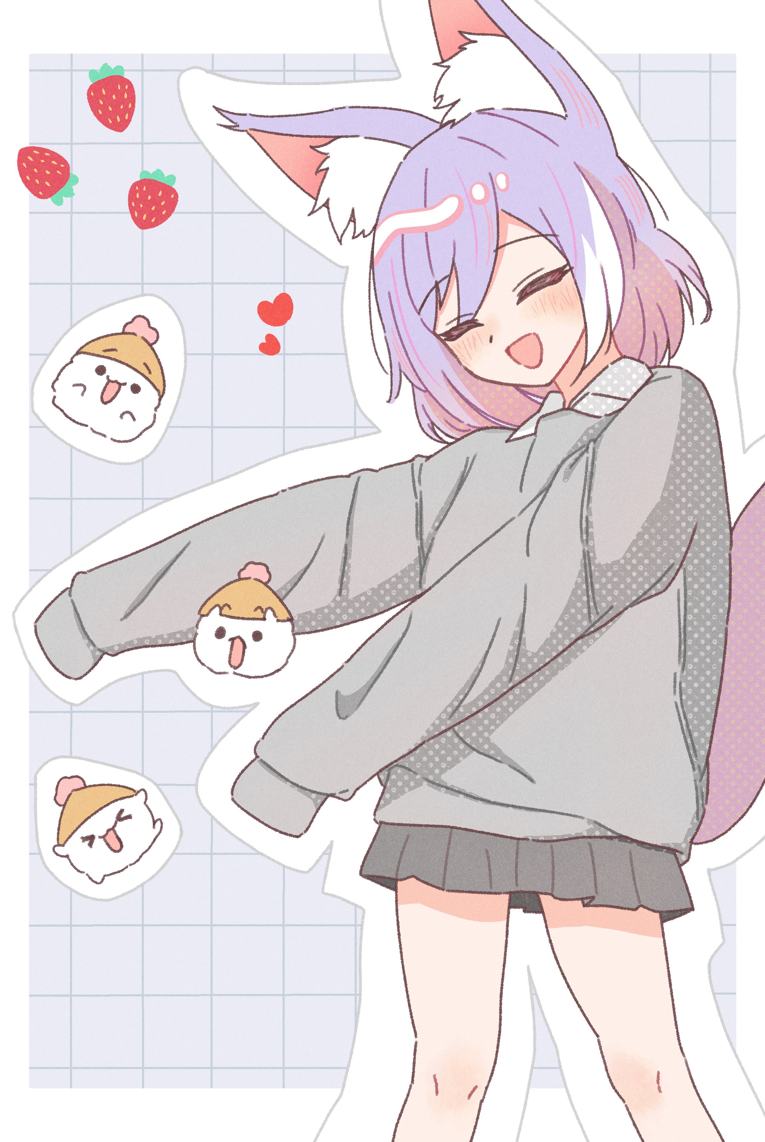 chaeeunhan124, tenko shibuki, stellive, absurdres, commentary request, highres, korean commentary, 1girl, animal ear fluff, animal ears, black skirt, blush, border, closed eyes, feet out of frame, food, fruit, grey background, grey sweater, grid background, heart, inari (tenko shibuki), legs apart, long sleeves, medium hair, miniskirt, multicolored hair, open mouth, outline, outside border, parted bangs, pleated skirt, purple hair, skirt, sleeves past wrists, smile, solo, standing, strawberry, streaked hair, sweater, virtual youtuber, white border, white outline, white streaks