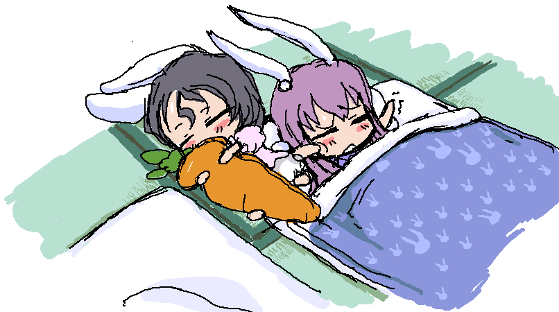 baku taso, inaba tewi, reisen udongein inaba, touhou, 2girls, animal ears, carrot, chibi, female focus, hugging object, indoors, lying, multiple girls, oekaki, pillow, pillow hug, rabbit ears, sleeping