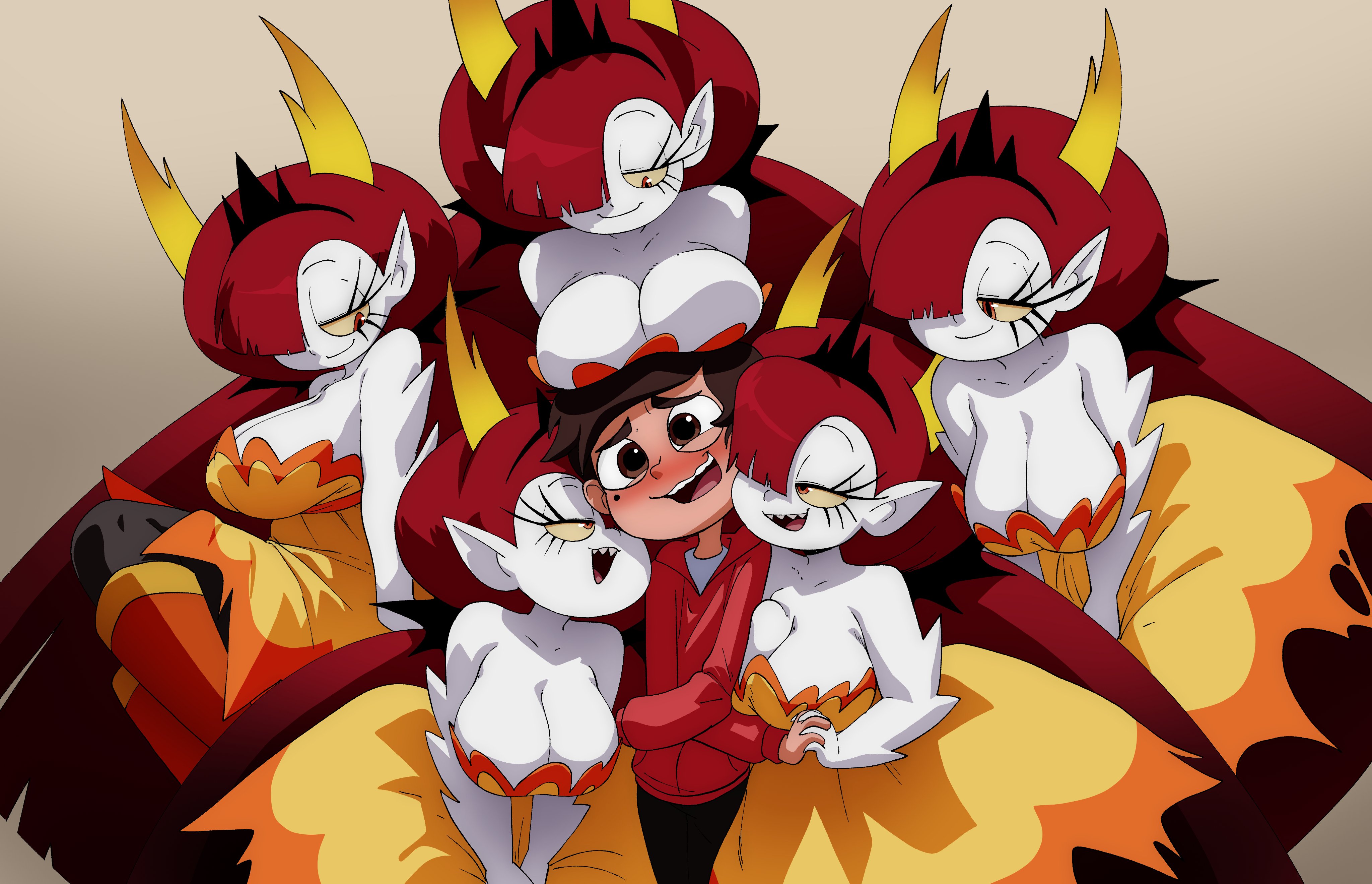 inker comics, hekapoo, marco diaz, star vs the forces of evil, absurdres, highres, blush, breasts, brown eyes, brown hair, colored skin, demon girl, dress, horns, huge breasts, long hair, looking at another, mole, mole under eye, multiple girls, orange eyes, red hair, sharp teeth, teeth, white skin