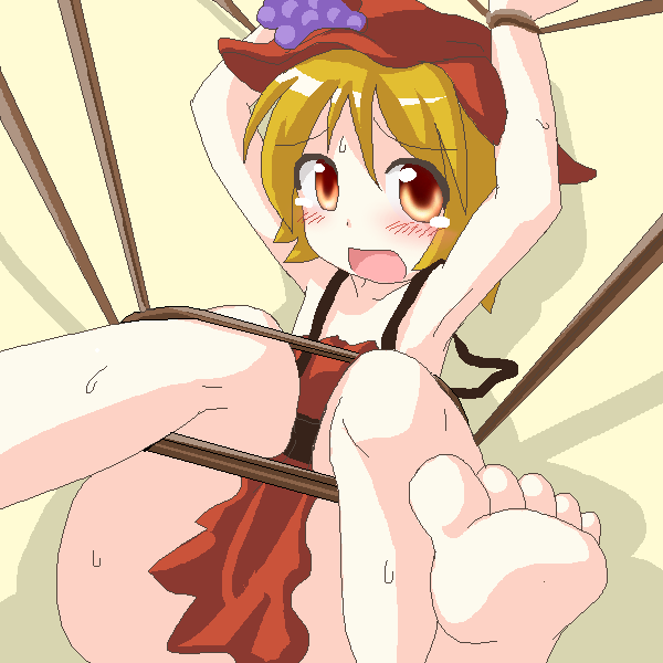 des (namaasi), aki minoriko, touhou, 1girl, armpits, barefoot, bdsm, bondage, bound, feet, female focus, food, fruit, grapes, hat, oekaki, rope, solo, tears
