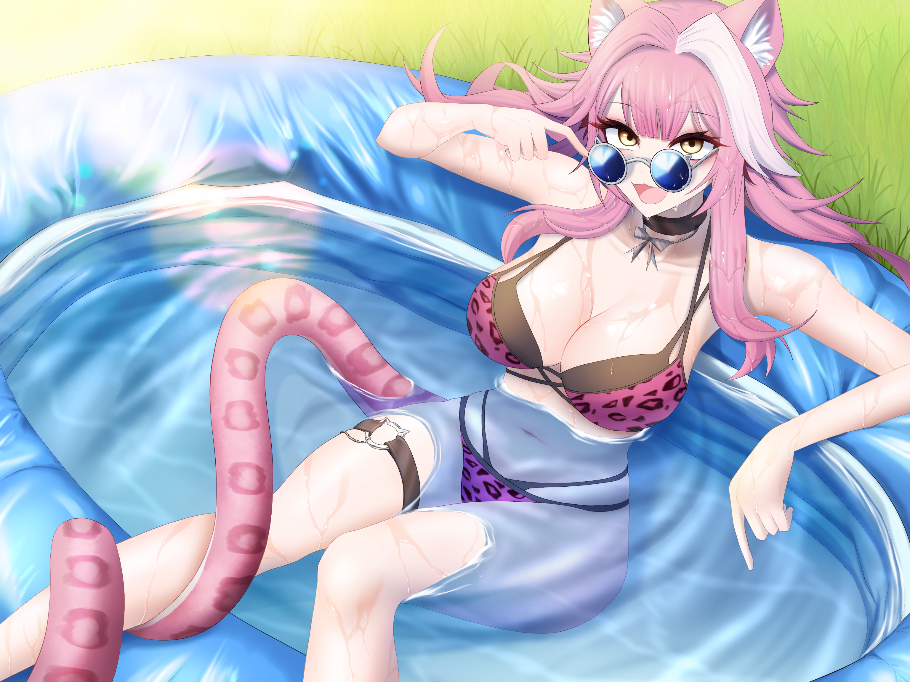 raora panthera, raora panthera (holonatsu paradise), hololive, hololive english, highres, 1girl, animal ears, bikini, black choker, blue-tinted eyewear, breasts, choker, day, double bikini, grass, jo8blhrvkta6duw, large breasts, leopard print bikini, long hair, navel, o-ring, o-ring thigh strap, official alternate costume, outdoors, panther ears, panther girl, panther tail, partially submerged, pink bikini, pink hair, solo, sunglasses, swimsuit, tail, thigh strap, tinted eyewear, virtual youtuber, wading pool, water, wet, white streaks