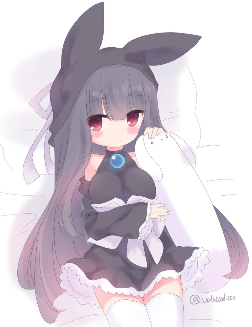 mitama mikoto, emil chronicle online, 1girl, black dress, black hair, breasts, corset, dress, large breasts, long hair, lying, official alternate costume, on bed, rabbit ear headwear, red eyes, sleeveless, sleeveless dress, solo, thighhighs, twitter username, valucard eco, white corset, white thighhighs