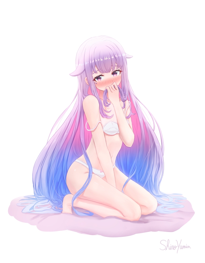 shiroyumin, koseki bijou, hololive, hololive english, 1girl, artist name, blue hair, blush, bra, breasts, gradient hair, jewel under eye, long hair, looking at viewer, multicolored hair, navel, nose blush, panties, pink hair, purple eyes, purple hair, seiza, simple background, sitting, small breasts, solo, strap slip, underwear, very long hair, virtual youtuber, white background, white bra, white panties