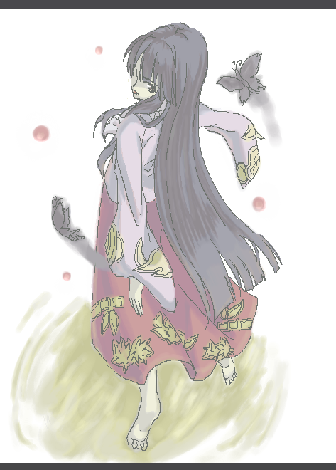 maou, sengoku aky, houraisan kaguya, touhou, bad id, bad pixiv id, 1girl, barefoot, black hair, bug, butterfly, female focus, insect, japanese clothes, letterboxed, long hair, solo