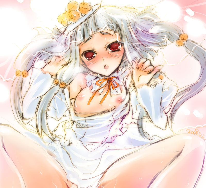 nekou izuru, tianzi, code geass, 00s, 1girl, albino, blush, breasts, bridal veil, bride, dress, female focus, flat chest, long hair, nipples, red eyes, solo, spread legs, veil, wedding dress, white hair