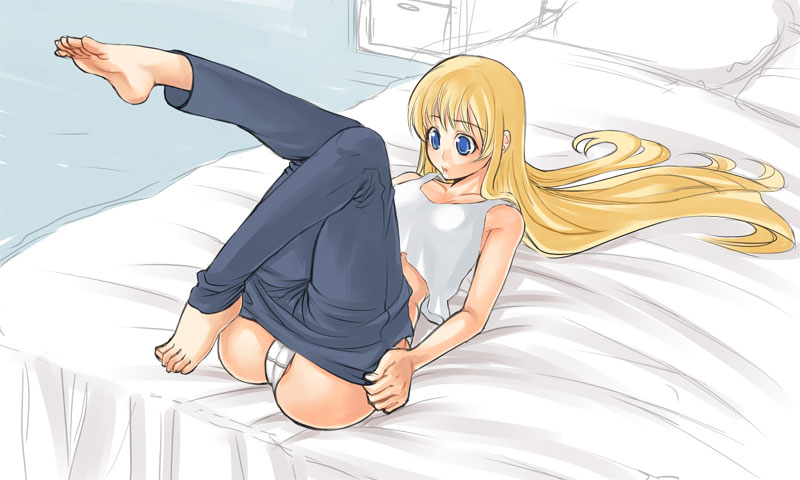 kazuki kisuke, bad id, bad pixiv id, 1girl, ass, barefoot, bed, blonde hair, blue eyes, dressing, feet, female focus, long hair, panties, pants, solo, underwear