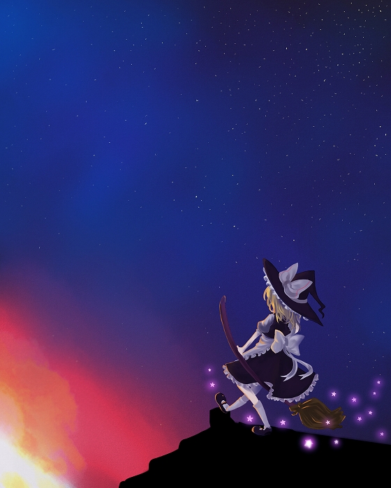 myama, kirisame marisa, touhou, 1girl, blonde hair, bow, broom, broom riding, female focus, from behind, hat, kneehighs, large bow, mary janes, night, night sky, rooftop, shoes, sky, socks, solo, star (symbol), sunset, white socks, witch, witch hat
