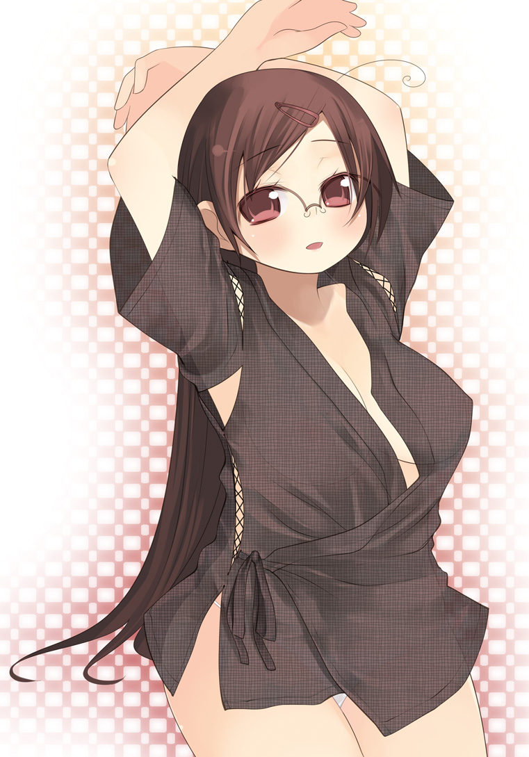 kashiwamochi yomogi, arima senne, original, 1girl, ahoge, breasts, brown hair, cleavage, female focus, glasses, large breasts, no bra, panties, solo, underwear