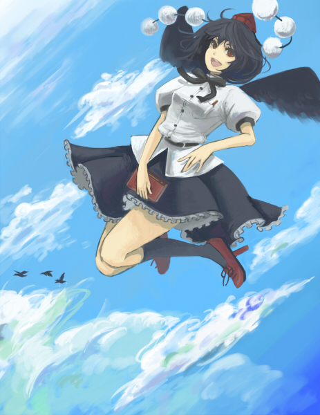 kottsu, shameimaru aya, touhou, bad id, bad pixiv id, 1girl, bird, black hair, black wings, book, cloud, day, female focus, flying, geta, hat, kneehighs, looking at viewer, open mouth, red eyes, short hair, sky, smile, socks, solo, tengu-geta, wings