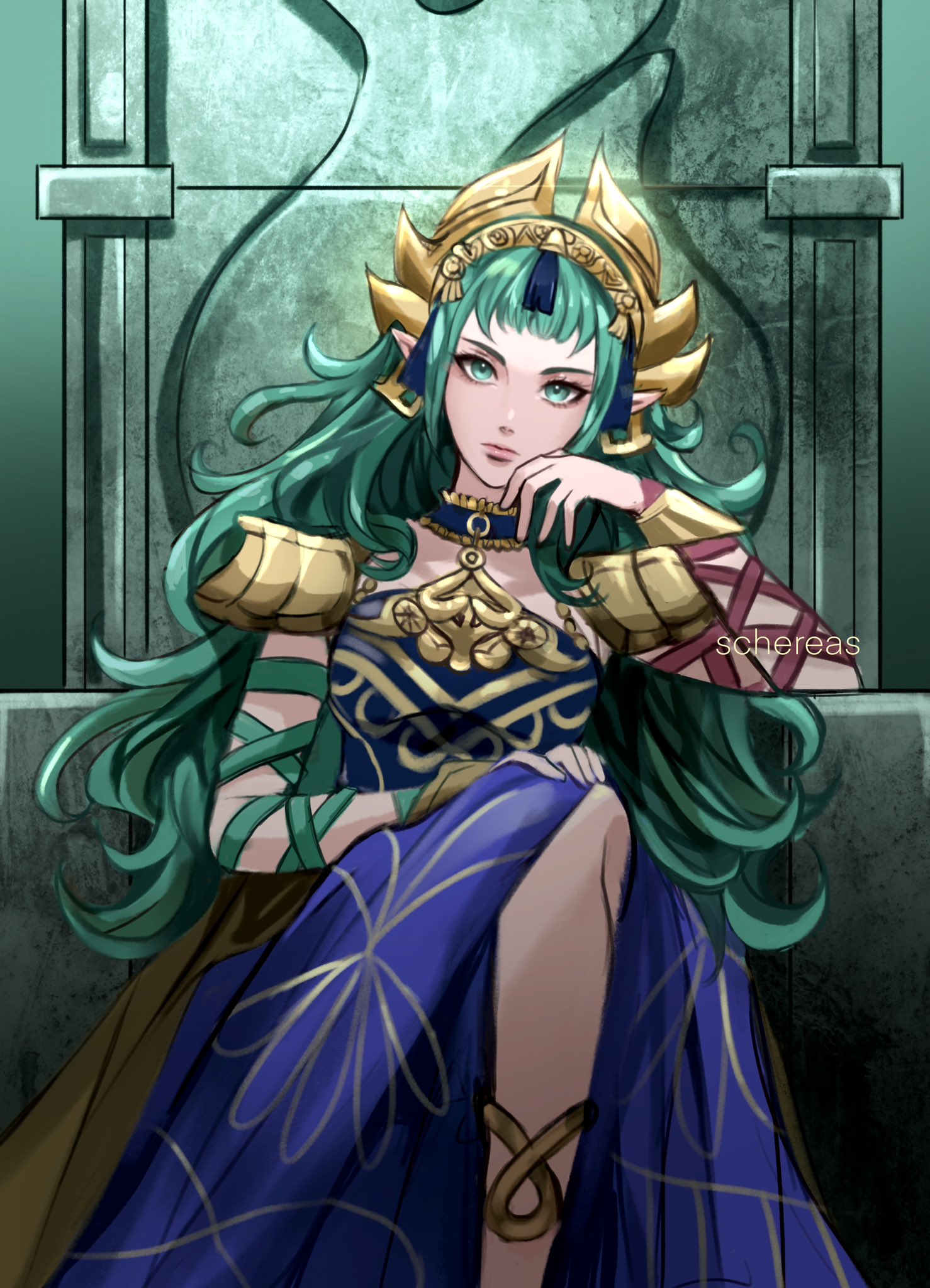 schereas, sothis (adult) (fire emblem), sothis (fire emblem), fire emblem, fire emblem: fortune's weave, nintendo, commentary, english commentary, highres, 1girl, arm wrap, breasts, closed mouth, dress, green eyes, green hair, hair ornament, headpiece, long hair, looking at viewer, pointy ears, purple dress, ribbon, sitting, sitting on throne, solo, tassel, tassel hair ornament, throne, tiara
