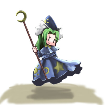 ameimo, mima (touhou), mystic square, touhou, touhou (pc-98), lowres, 1girl, chibi, female focus, floating, full body, green hair, hat, solo, white background, wizard hat