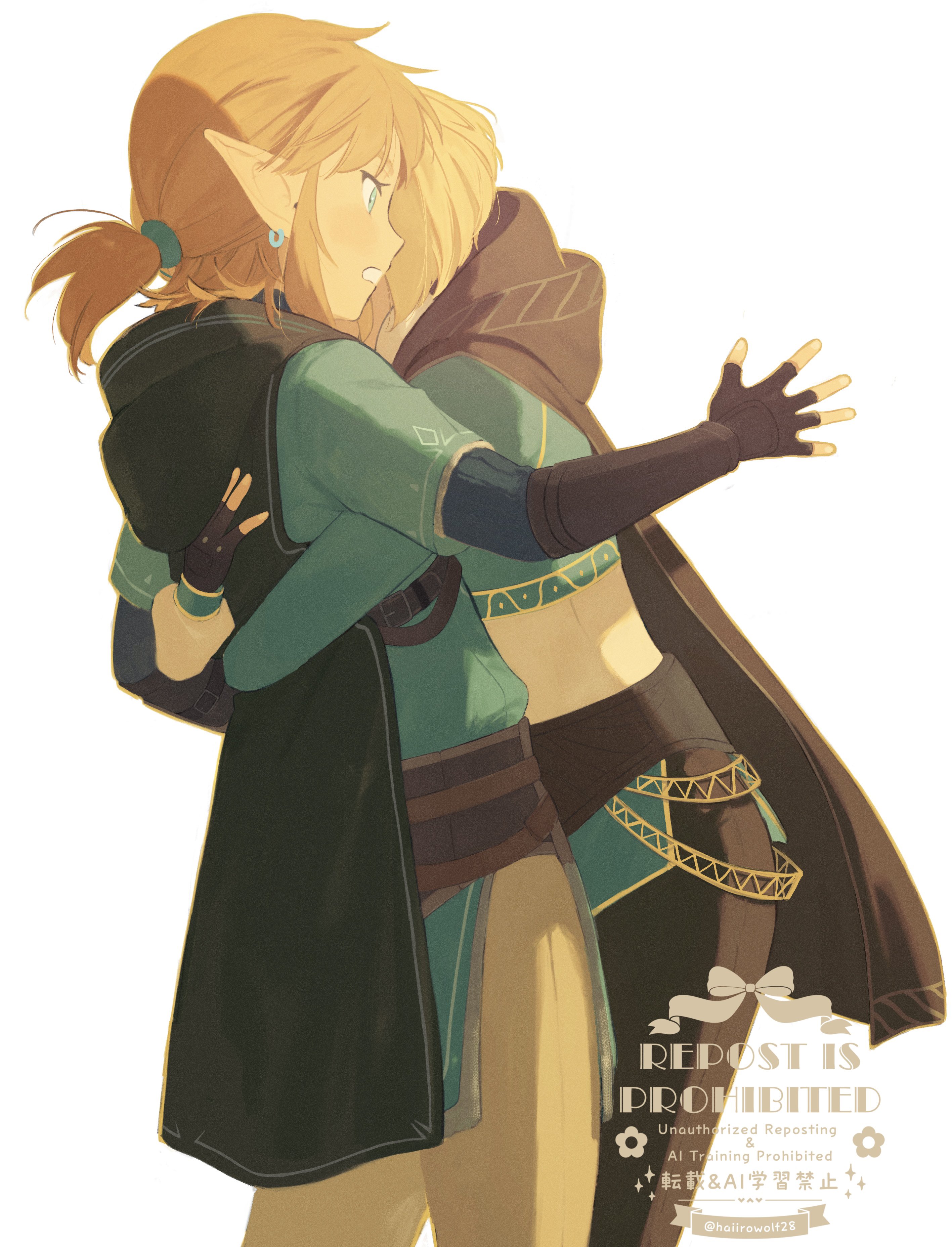 haiirowolf28, link, princess zelda, nintendo, the legend of zelda, the legend of zelda: breath of the wild, absurdres, highres, 1boy, 1girl, aqua eyes, aqua shirt, aqua tunic, black cloak, black gloves, black pants, blonde hair, cloak, couple, cowboy shot, earrings, fingerless gloves, gloves, grey pants, hair tie, hetero, hood, hood down, hooded cloak, hug, jewelry, low ponytail, medium hair, pants, parted lips, pointy ears, ponytail, shirt, short hair, tunic, twitter username, white background