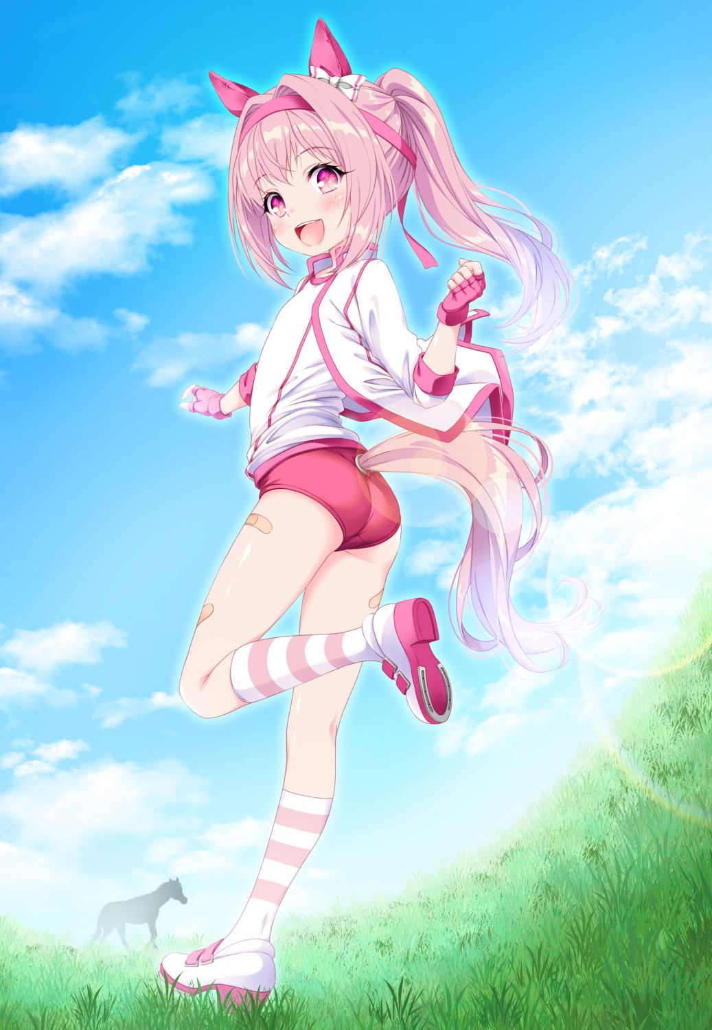 kamiya tomoe, haru urara (bestest prize) (umamusume), haru urara (umamusume), umamusume, commentary request, highres, 1girl, :d, animal, animal ears, ass, bandaid, bandaid on leg, blue sky, bow, buruma, clenched hand, clothing cutout, cloud, day, ear bow, fingerless gloves, flower-shaped pupils, from behind, gloves, hairband, horse, horse ears, horse girl, horse tail, horseshoe, jacket, kneehighs, open clothes, open jacket, open mouth, outdoors, pink hair, ponytail, purple eyes, red buruma, red gloves, red hairband, shirt, shoe soles, shoes, sky, smile, socks, striped clothes, striped socks, symbol-shaped pupils, tail, tail through clothes, white bow, white jacket, white shirt, white shoes