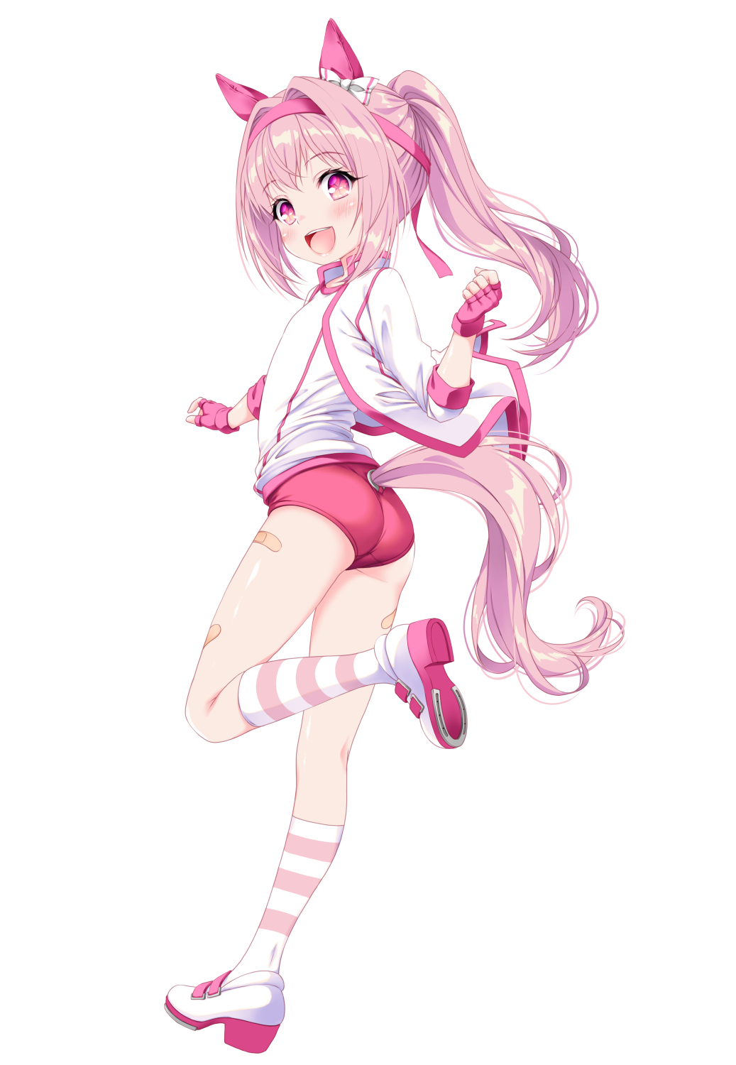 kamiya tomoe, haru urara (bestest prize) (umamusume), haru urara (umamusume), umamusume, highres, 1girl, :d, animal ears, ass, bandaid, bandaid on leg, bow, buruma, clenched hand, clothing cutout, ear bow, fingerless gloves, flower-shaped pupils, from behind, gloves, hairband, horse ears, horse girl, horse tail, horseshoe, jacket, kneehighs, open clothes, open jacket, open mouth, pink hair, ponytail, purple eyes, red buruma, red gloves, red hairband, shirt, shoe soles, shoes, simple background, smile, socks, solo, striped clothes, striped socks, symbol-shaped pupils, tail, tail through clothes, white background, white bow, white jacket, white shirt, white shoes