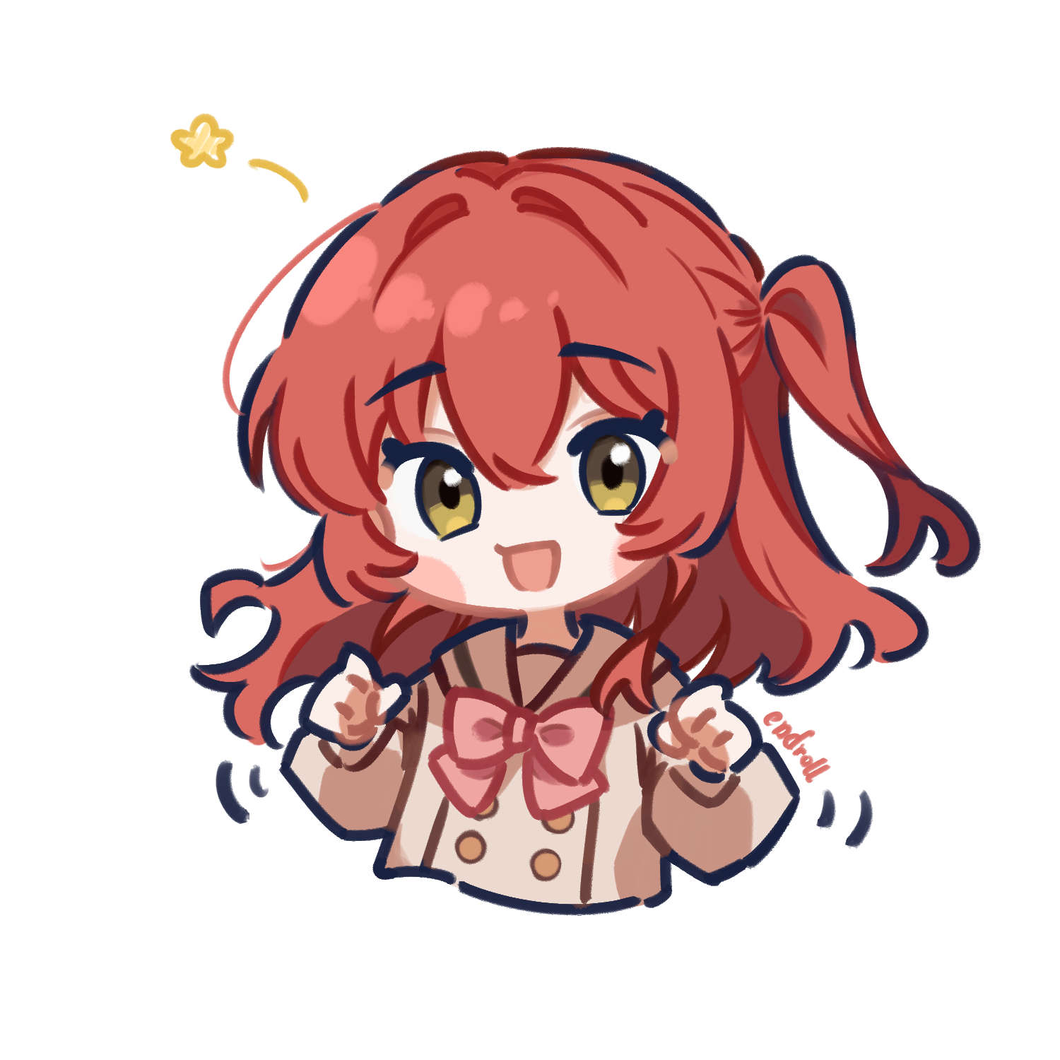 endroll, kita ikuyo, bocchi the rock!, highres, 1girl, blush, bow, bowtie, brown sailor collar, brown shirt, hair between eyes, long hair, long sleeves, looking at viewer, open mouth, pink hair, red bow, red hair, sailor collar, school uniform, shimokitazawa high school uniform, shirt, simple background, smile, white background