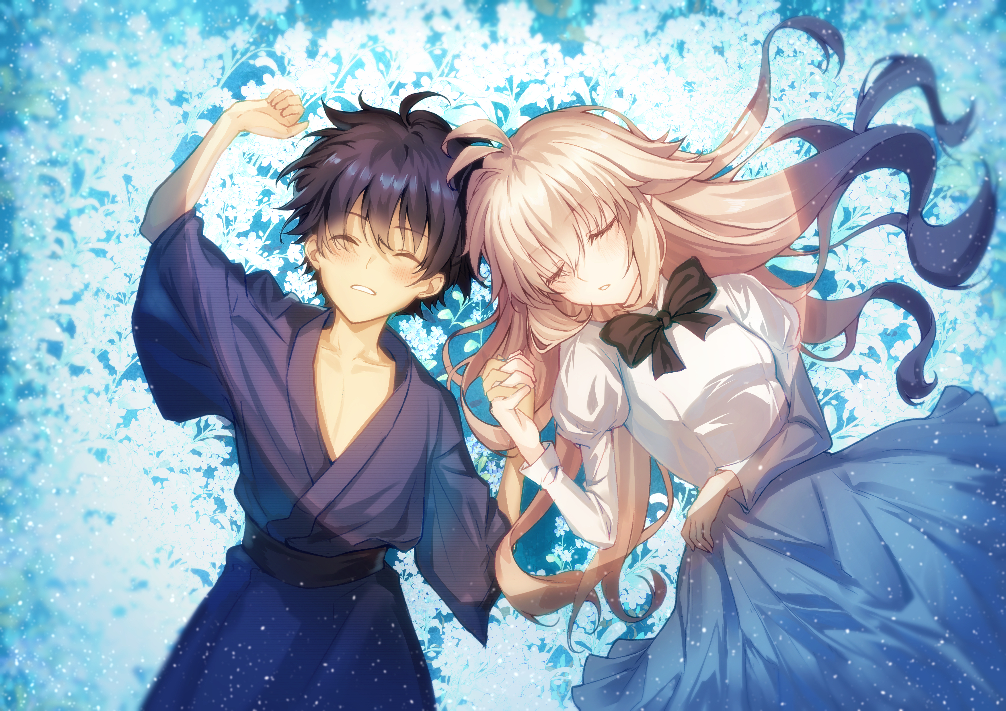 toomishou, arcueid brunestud, eco-arc, tohno shiki, tsukihime, tsukihime (remake), absurdres, highres, 1boy, 1girl, aged down, ahoge, black hair, black ribbon, blonde hair, blue kimono, blush, closed eyes, dress, field, flower, flower field, hair between eyes, holding hands, japanese clothes, kimono, long hair, ribbon, short hair, wavy hair, white dress